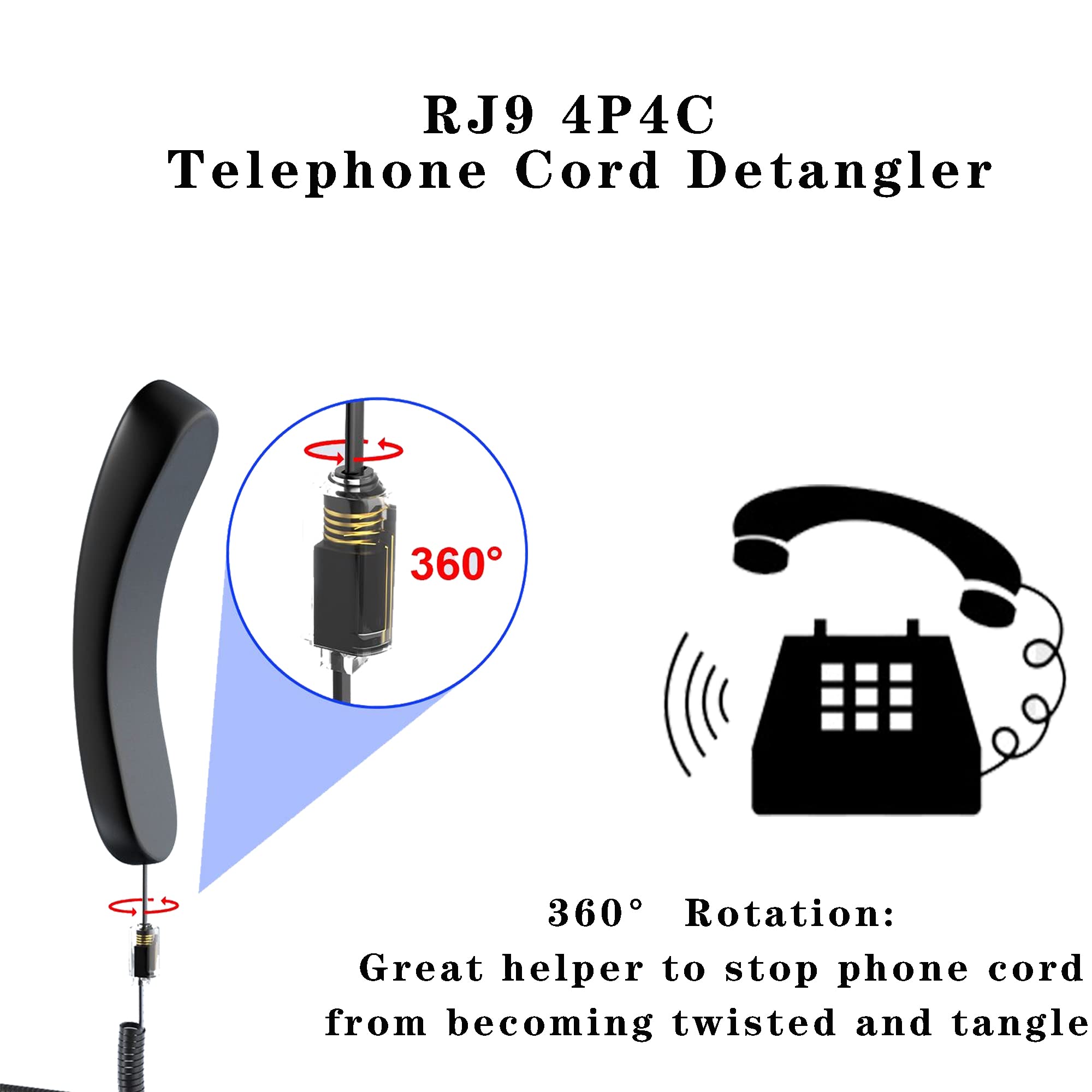 Telephone Cord Detangler, Anti Tangle Telephone Handset Cable 360 Degree Rotating Landline Swivel Cord Untangler Black (4)