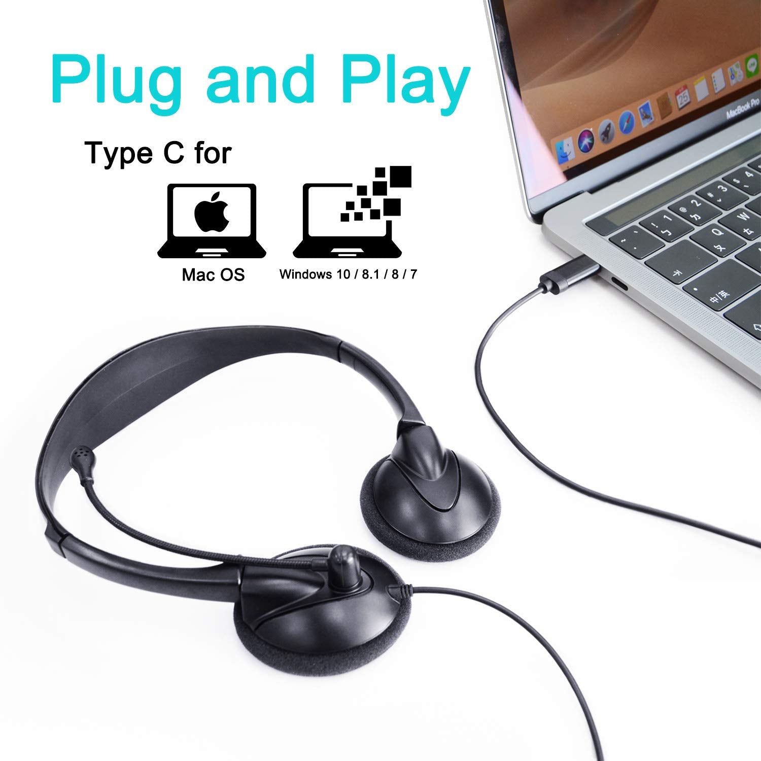 Alteam Usb Type C Wired Headset With Mic Inline Volume Control, Hd Stereo Sound Binaural On Ear For Voip Softphone, Video Confer