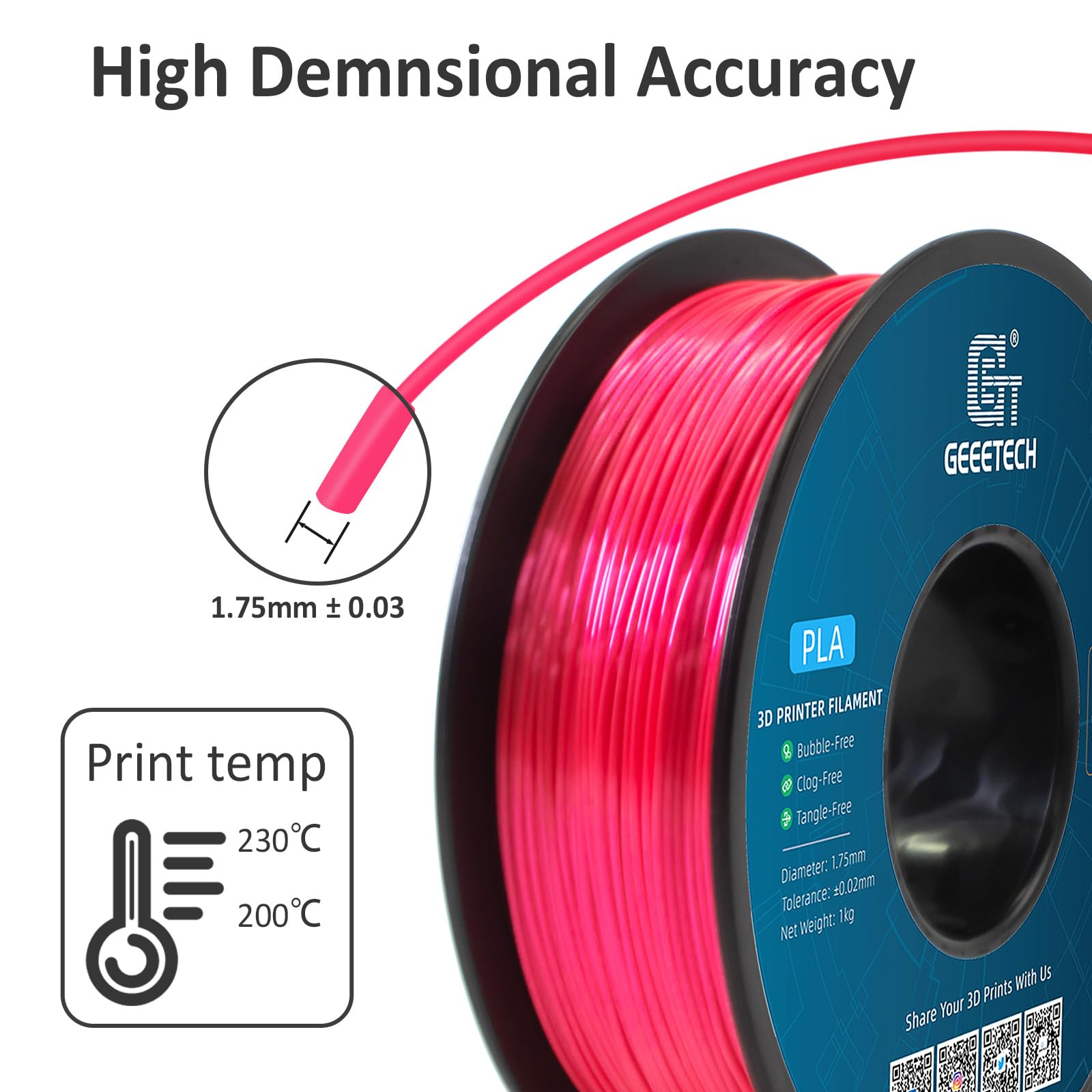 Geeetech Silk Pla Filament 1.75Mm For 3D Printer, Metal Like Shiny Consumable 1Kg (2.2Lbs) 1 Spool, Dimensional Accuracy +/  0.0