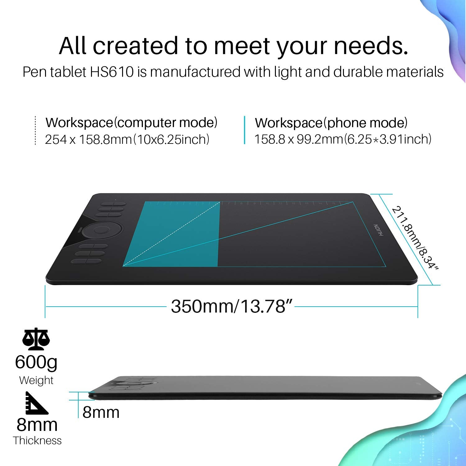 Huion Drawing Tablet Hs610 Graphic Tablet With Battery-Free Stylus 8192 Pen Pressure Tilt Function, 10X6.25 Inches Digital Table