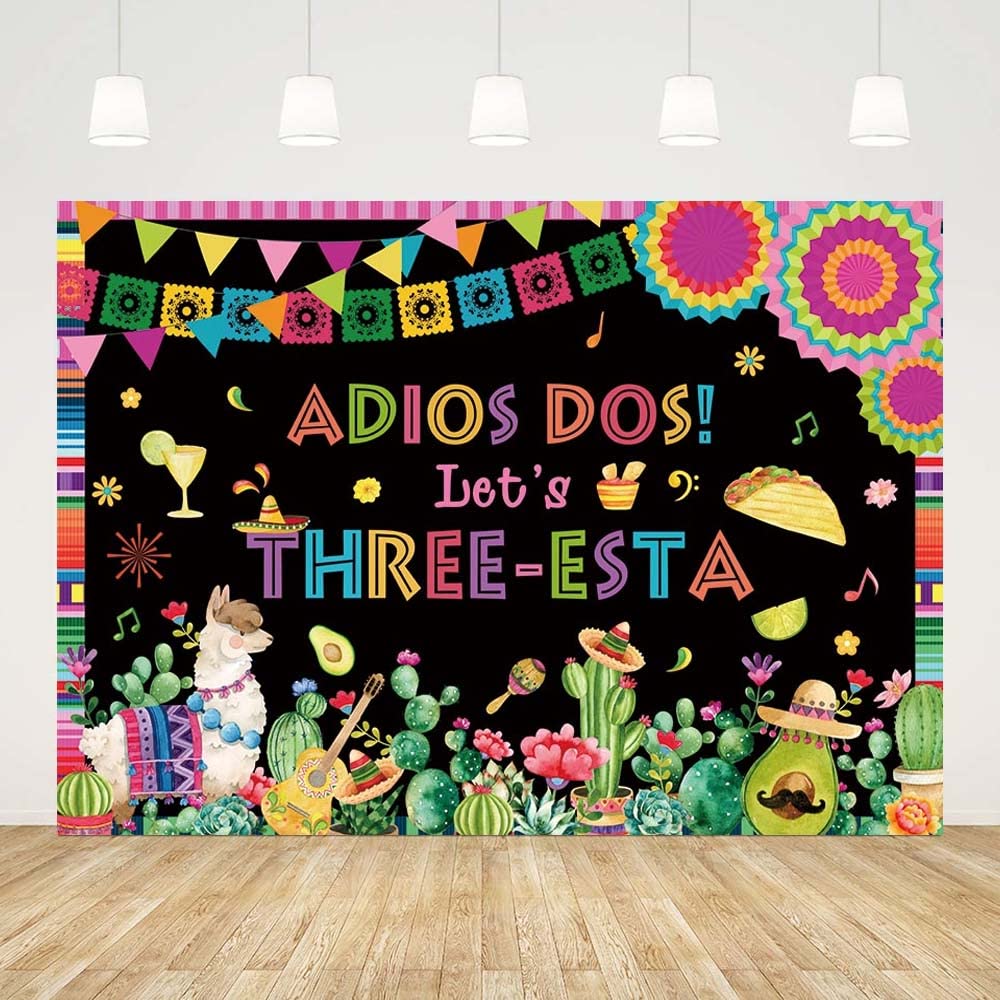 Aibiin 7X5Ft Mexican Third Birthday Backdrop Fiesta Three-Esta Happy Birthday Party Decoration Mexican Fiesta Cactus 3Rd Birthda