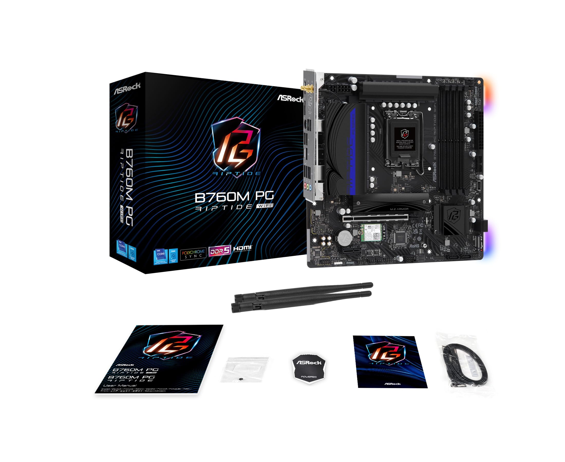 ASRock B760M PG Riptide WiFi MicroATX Motherboard | Supports 14th/13th/12th Gen Intel | DDR5 7200+ (OC) | WiFi 6E | 2.5G LAN | 