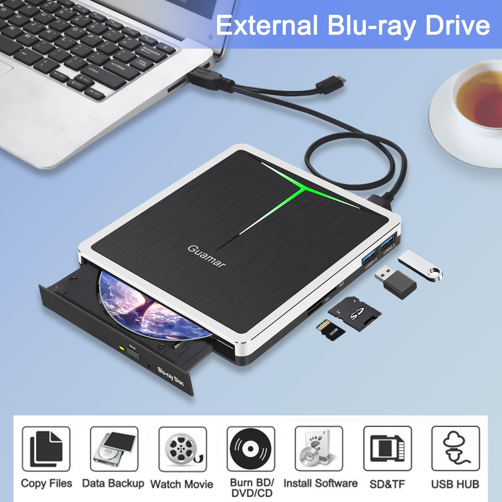Guamar External Blu Ray Drive, Usb C Blu Ray Burner Portable Bluray Dvd Player Bd Reader Writer, Slim Usb 3.0 Blueray/Dvd Cd Opt