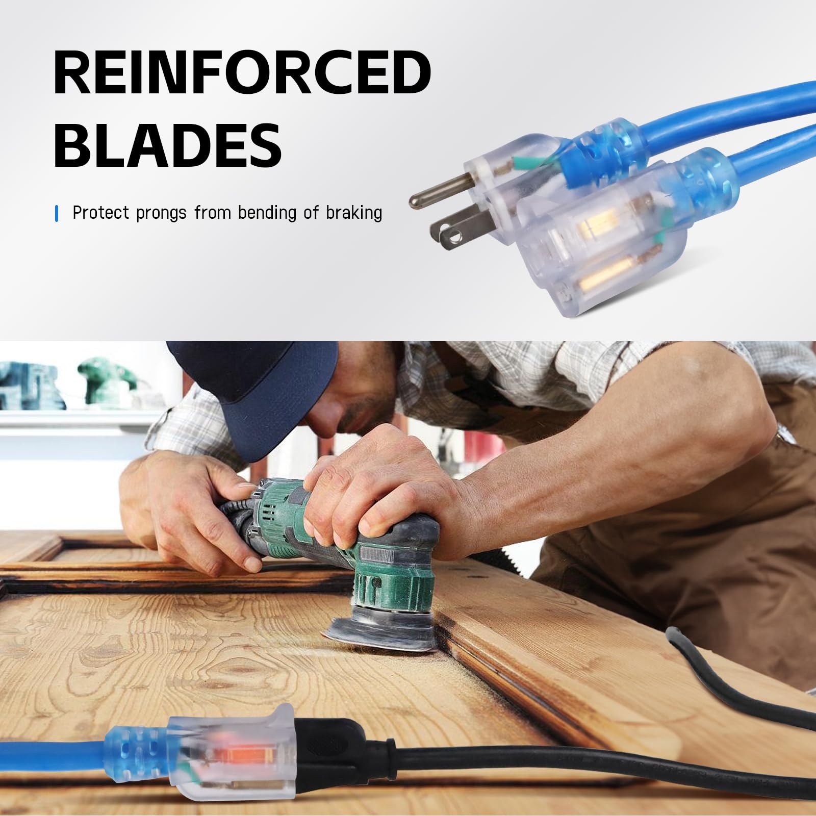 Ep 10 Ft Outdoor Extension Cord, 12/3 Sjtw Heavy Duty Waterproof Power Cable, 3 Prong Grounded Plug, Lighted End, For Lawn, Gard