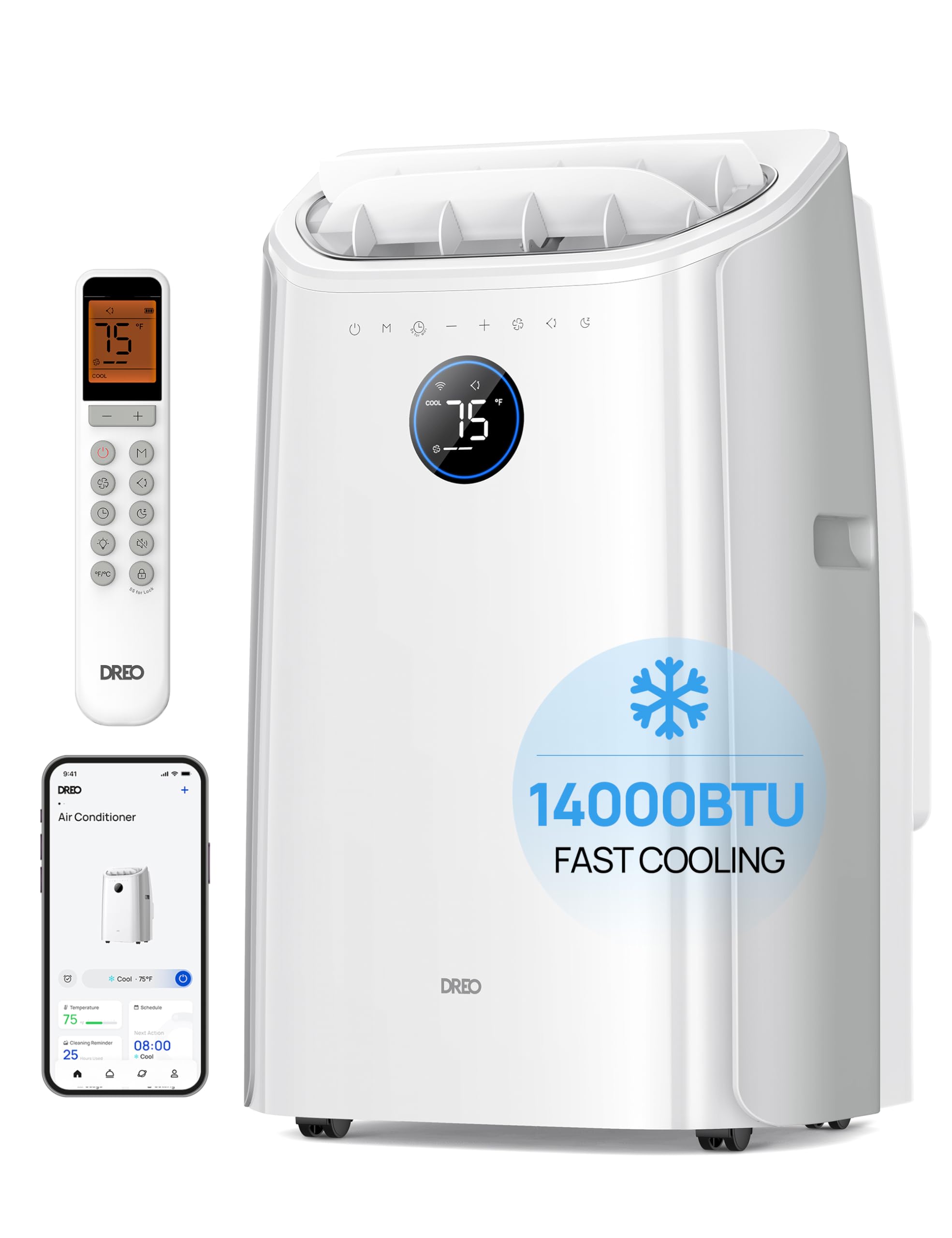 Dreo Portable Air Conditioners, 14000 BTU ASHRAE (10,000 BTU DOE) Smart AC Unit for Room with Drainage-free Cooling, APP/Voice/R
