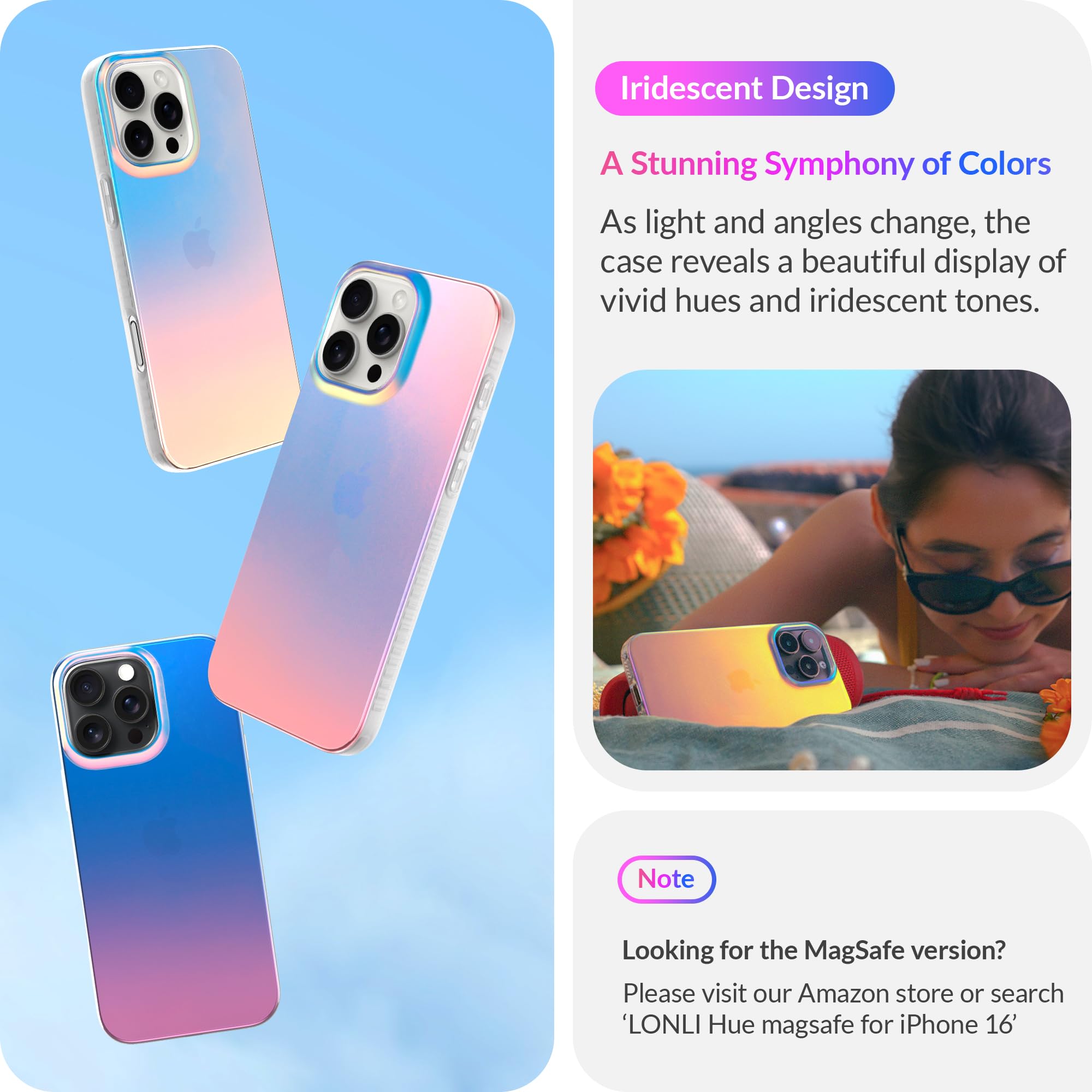 Lonli Hue   For Iphone 16 Pro Case   Holographic Iridescent Phone Case   [360 Shock Absorbent Bumper]   Cute, Unique And Aesthet