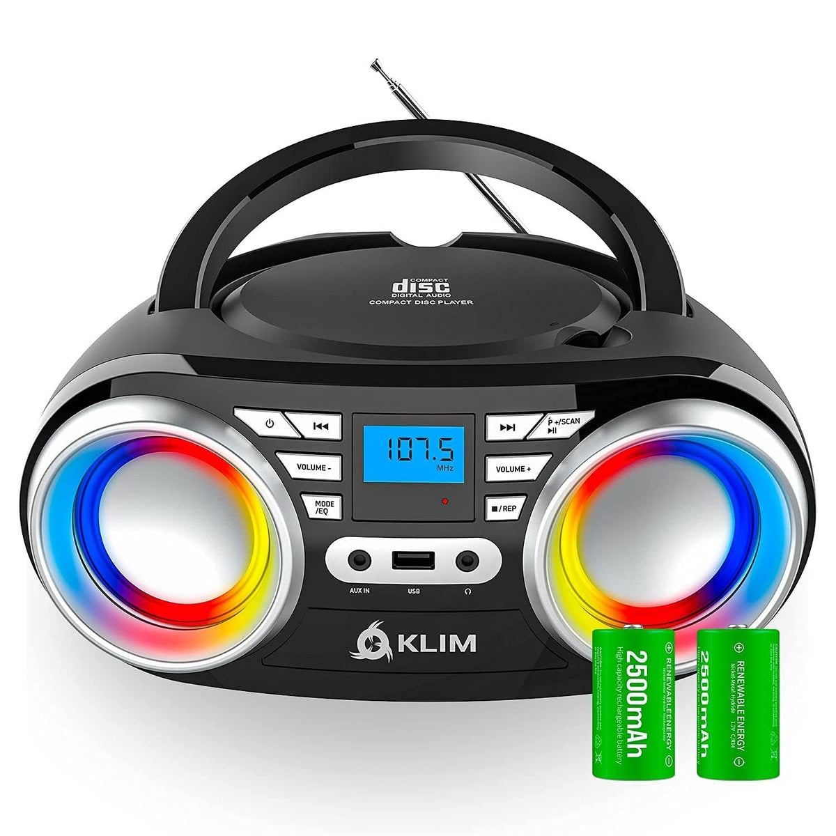 Klim B3 Portable Cd Player   New 2024   Fm Radio Cd Mp3 Bluetooth Aux Usb Rgb Lights   Cd Boombox   Wired And Wireless Mode With