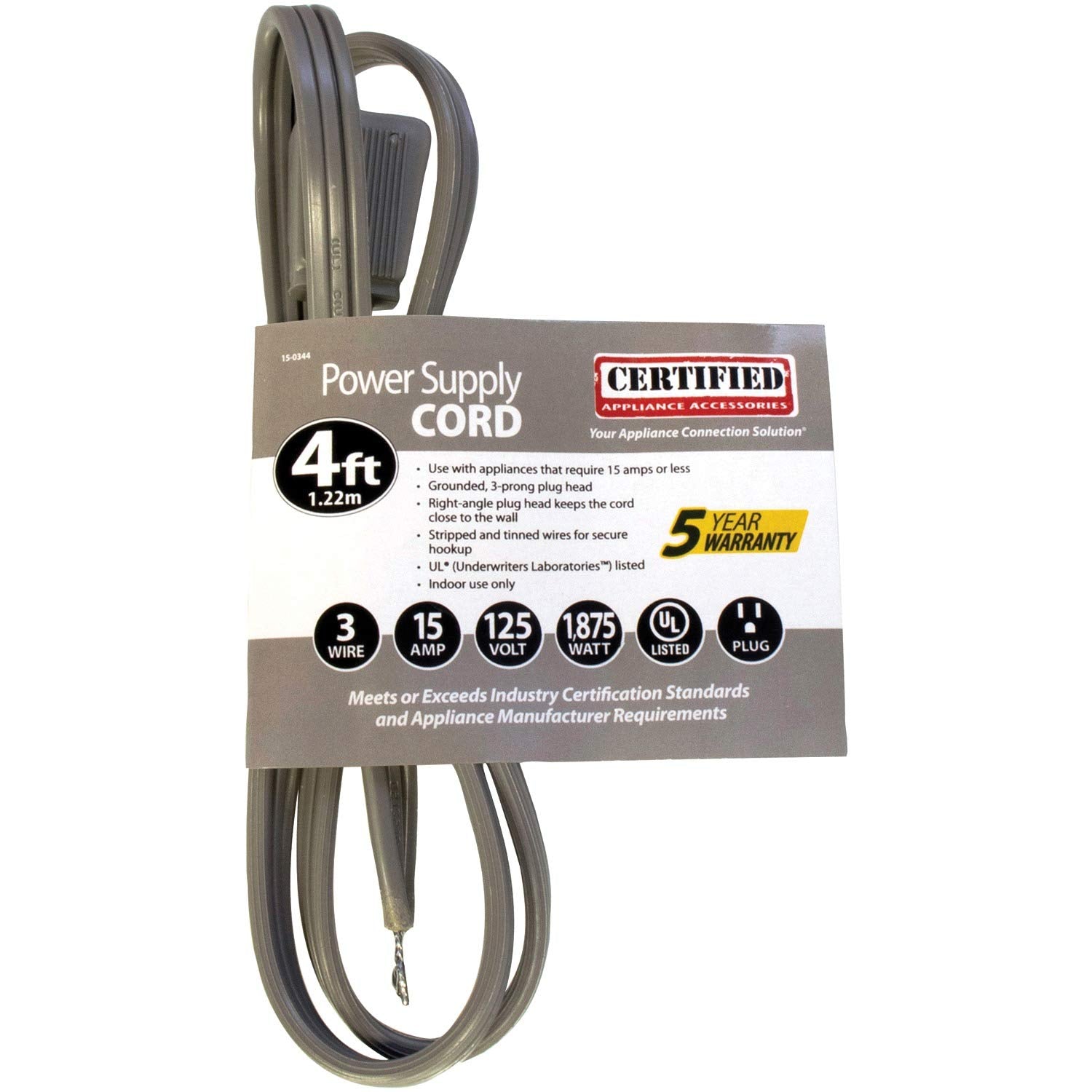 Certified Appliance Accessories 15 Amp 90 Plug Appliance Power Cord, 4Ft