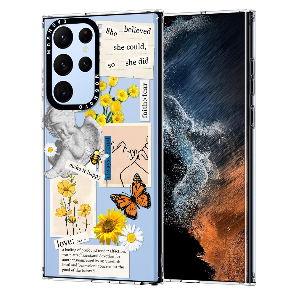 Mosnovo Galaxy S22 Ultra Case, Samsung S22 Ultra Case, Vintage Collage Art Sunflower Daisy Slim Clear Case Design Shockproof Tpu