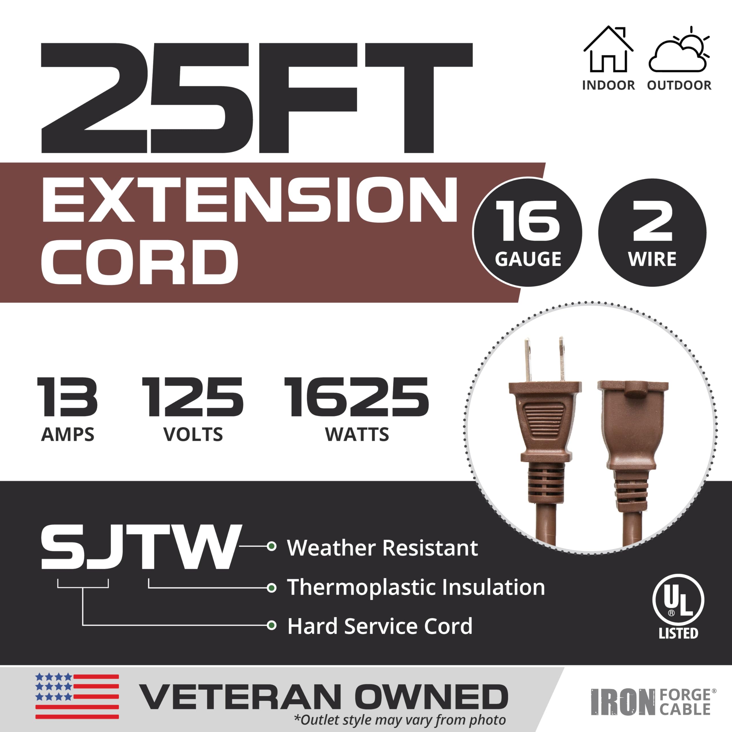 Iron Forge Cable 2 Prong Outdoor Extension Cord 25 Ft   16 Gauge Brown Outdoor Extension Cords Weatherproof 13 Amp   Sjtw   Grea