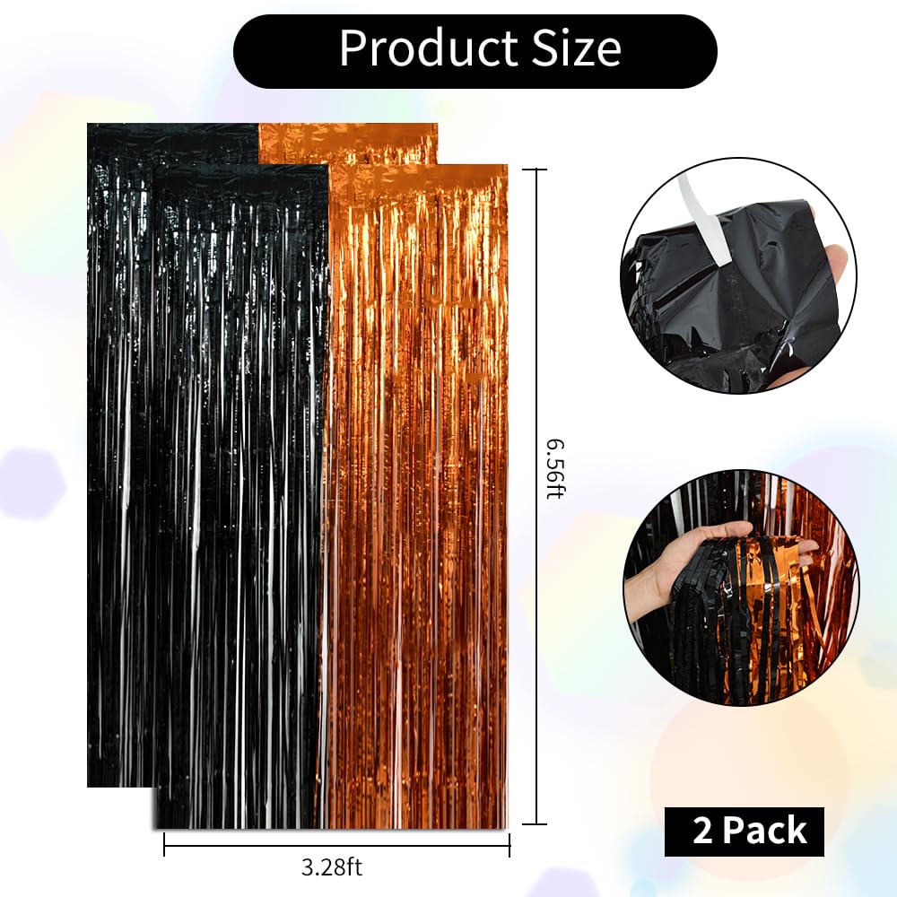 Beishida 4 Pcs Black And Orange Party Streamers Fringe Foil Curtain Backdrop Tinsel Background Party Decoration For Door Wall Gr