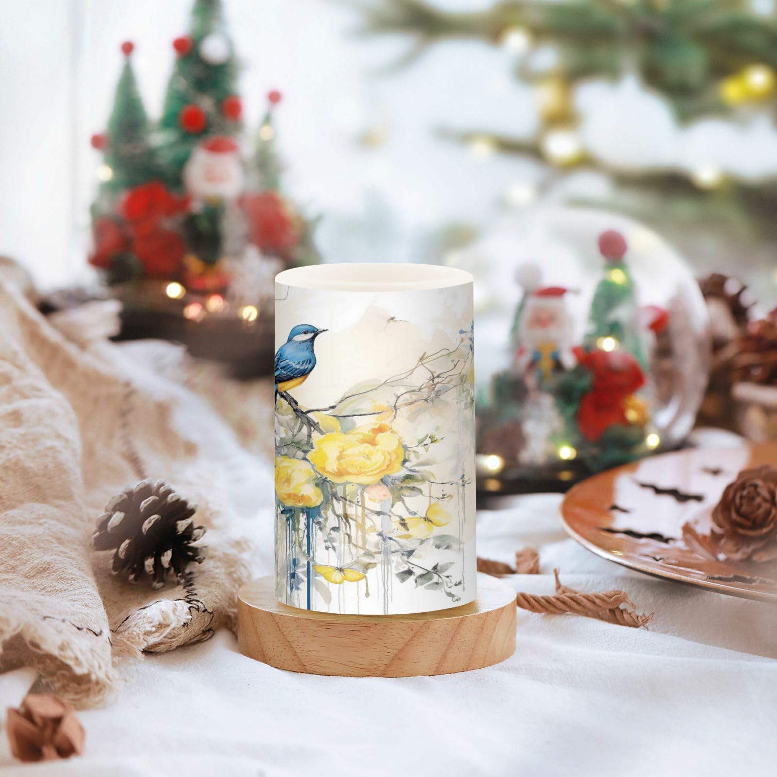 Spring Blue Bird With Yellow Flowers Butterflies Flickering Flameless Candles Set - Thumbnail 3
