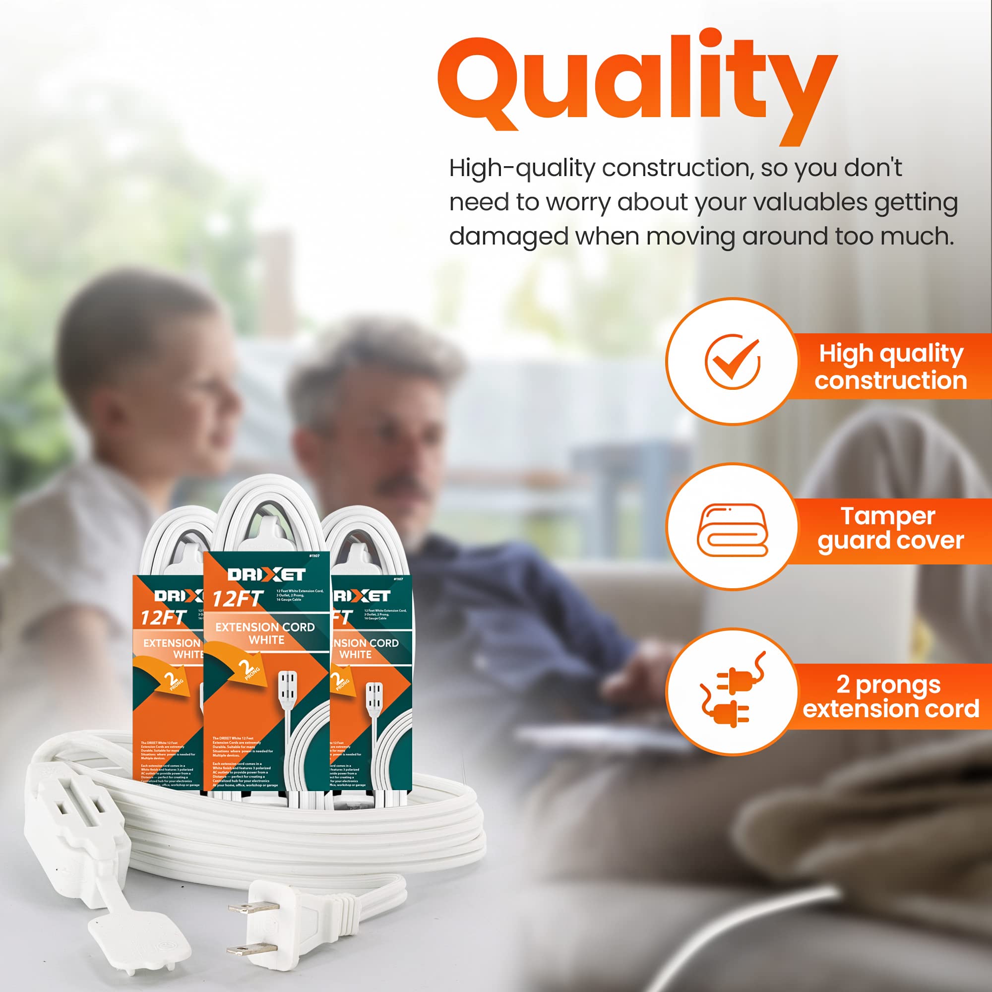 20 Feet White Extension Cord, 3 Outlet, 2 Prong, 16 Gauge Cable, 3 Receptacle Cube Tap, Indoor Use (Pack Of 2)   By Revpex