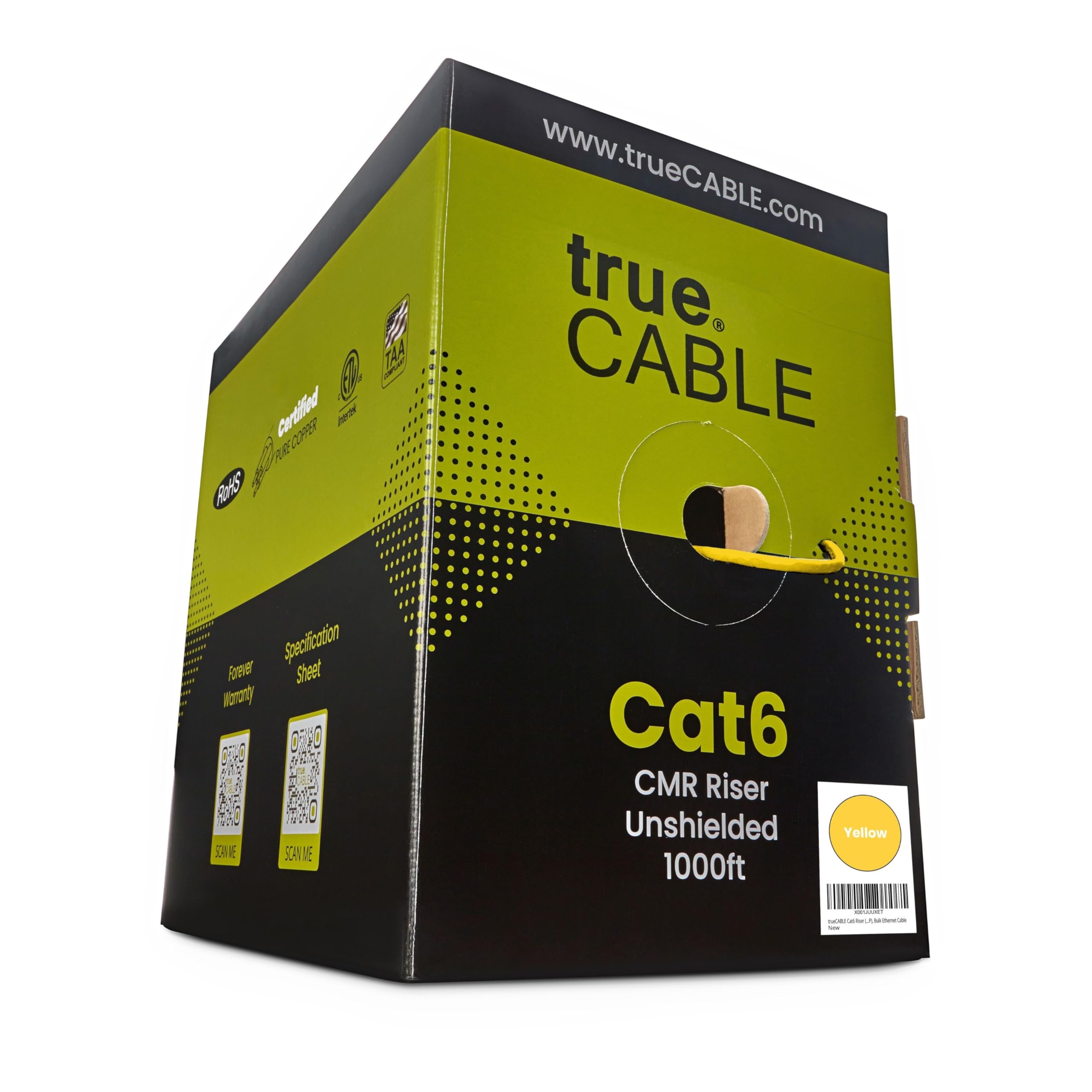Truecable Cat6 Riser (Cmr), 1000Ft, Yellow, 23Awg 4 Pair Solid Bare Copper, 550Mhz, Poe++ (4Ppoe), Etl Listed, Unshielded Twisted Pair (Utp), Bulk Ethernet Cable