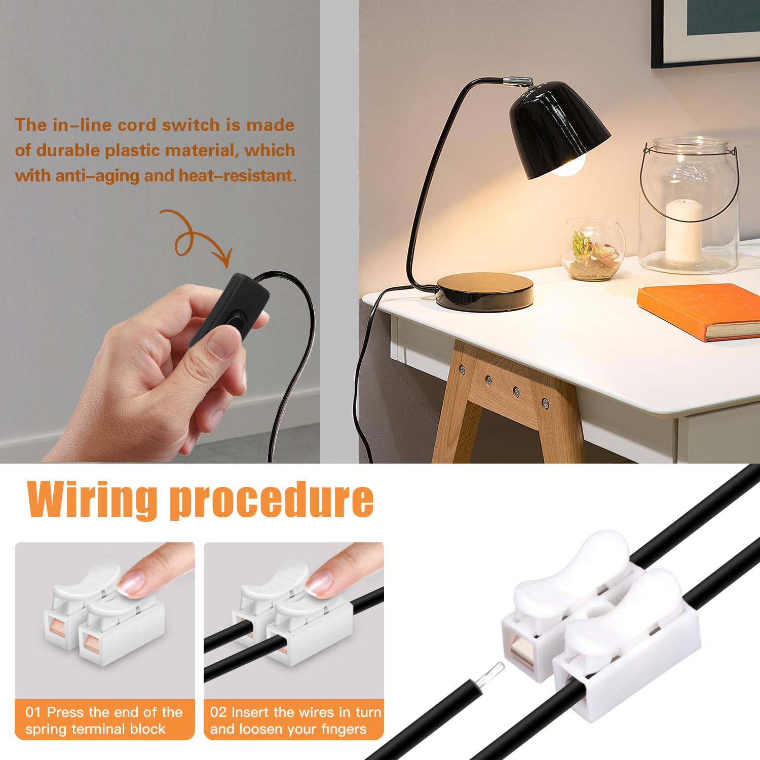 Asjeumt 2Pcs 8Ft Lamp Cord With Switch, Black Lamp Cord Set With Plug, Spt 2 Wire On Off Button Switches 2 Polarized Plug 18Awg