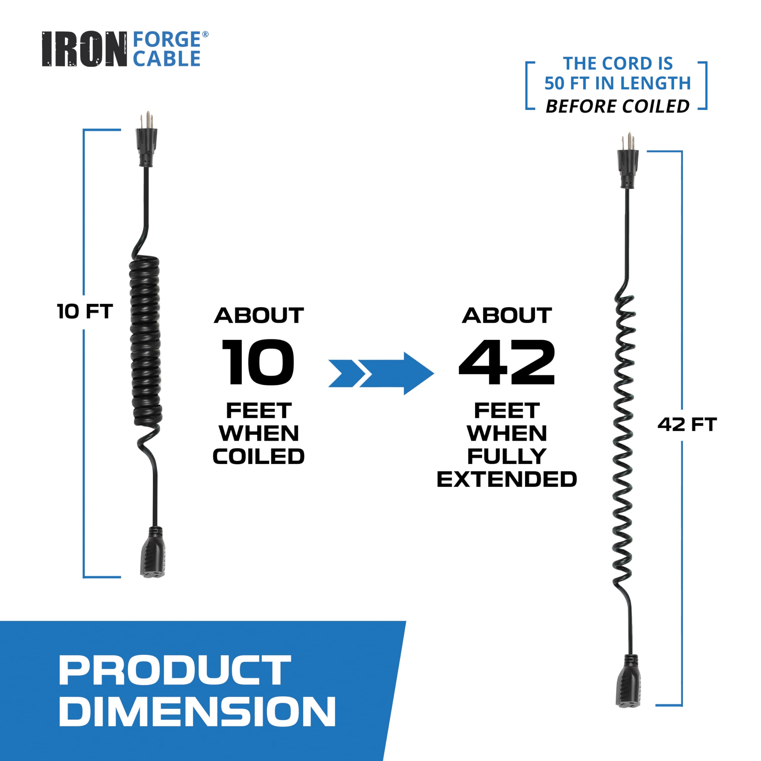 Iron Forge Cable 50Ft Black Coiled Outdoor Extension Cord   16/3 Sjeow Oil Resistant & Flame Retardant 3 Prong 13 Amp Power Cord