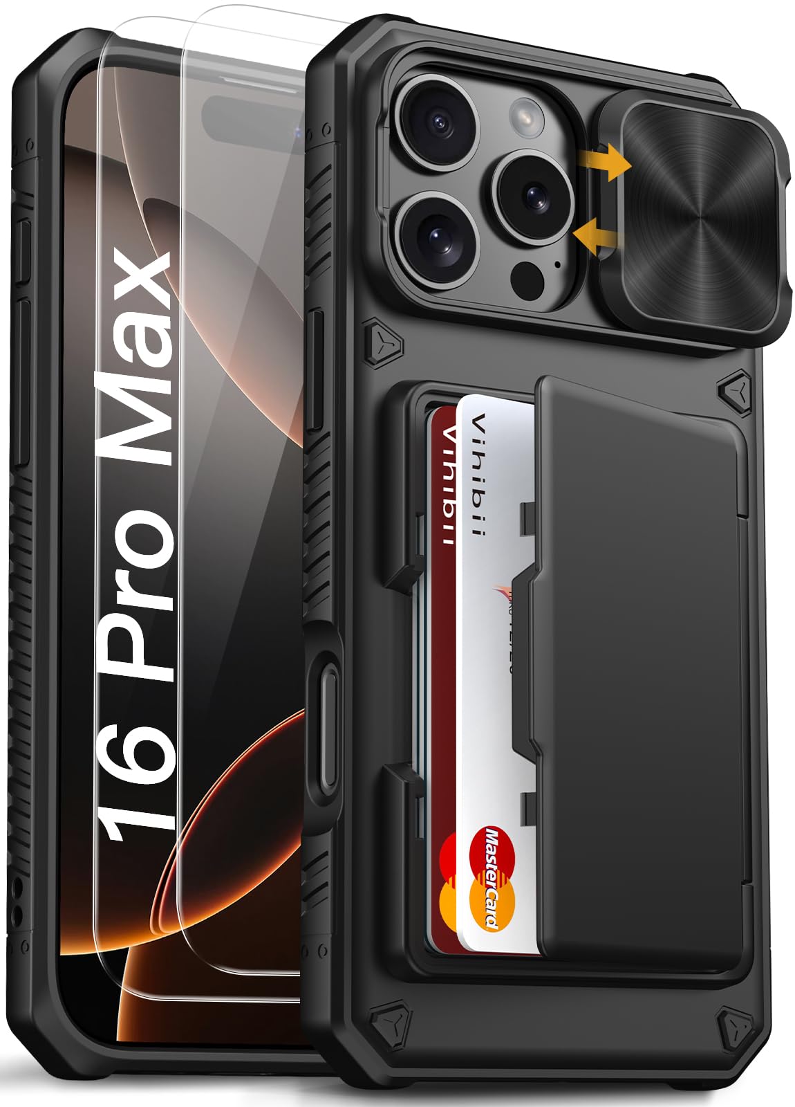 Vihibii For Iphone 16 Pro Max Case With [2X Screen Protector], Built In Card Holder (4 Cards), [Rfid Blocking] & Slide Camera Co