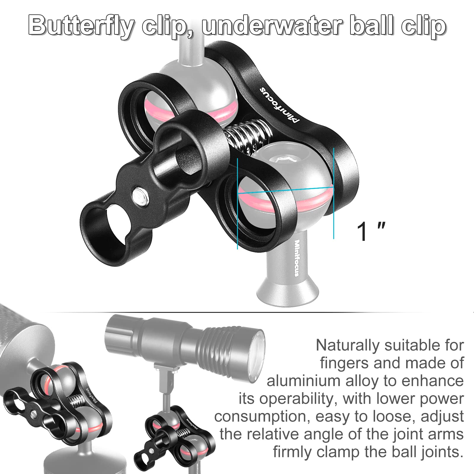 Minifocus 4Pcs 1'' Aluminum Ball Clamp Mount For Underwater Diving Light Arms Tray System, Photography Diving Camera, 360 Clip A