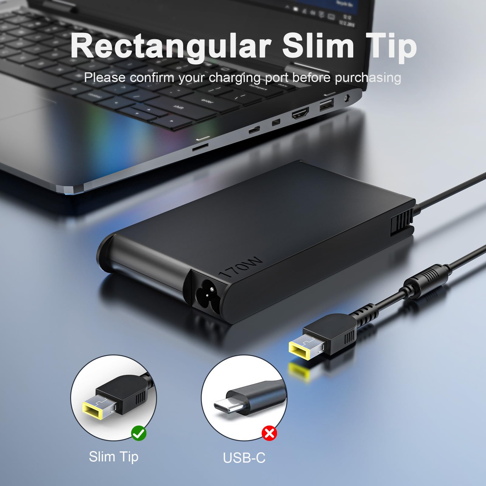 Govvep 170W Slim Tip Laptop Charger for Lenovo ThinkPad P53, P1, P15, T15p, X1 Extreme - Power Supply Cord, 170W-Square Tip