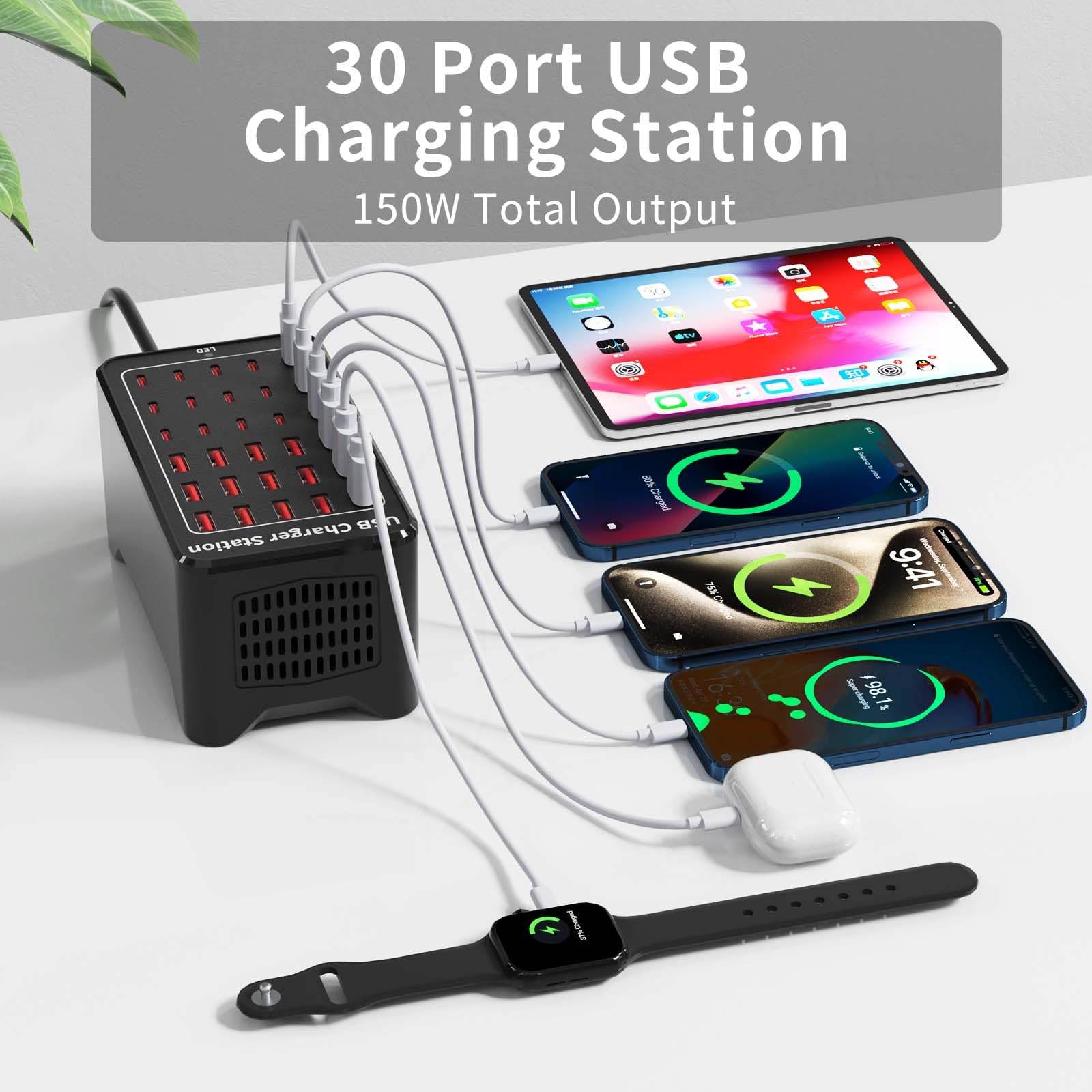 150W(30A) Usb Charging Station, 30-Port Usb C Charger Block, Multiple Desktop/Wall Fast Charger With Intelligent Protection Comp