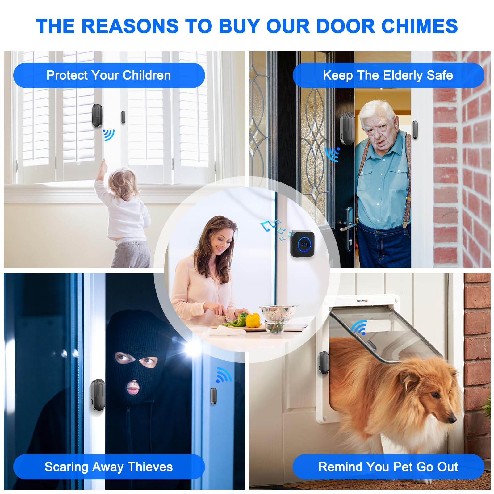 SanJie Wireless Door Chime - 800Ft Range, Adjustable Volume, 1 Sensor & 2 Receivers, Black, Model CC12BL 1-2