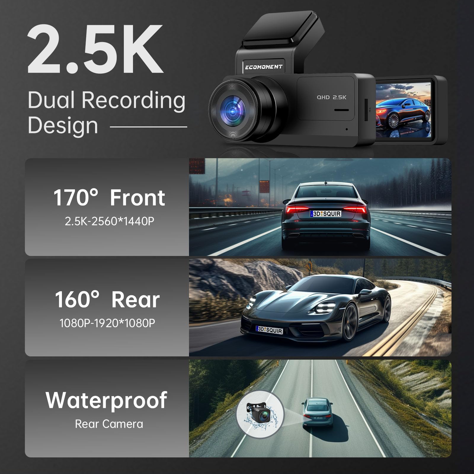 Dash Cam Front And Rear: 2.5K+1080P Dual Dash Camera For Cars, Ecomoment S70 Car Camer With 3.16'' Ips Screen, 170 Wide Angle, N