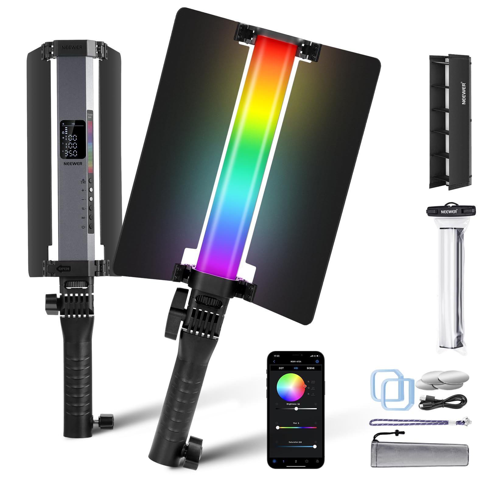 Neewer Rgb1 Led Tube Light Stick With Metal Barndoor, Handle, Touch Bar/App Control, Magnetic Handheld Rgb Video Light, 3200K 56