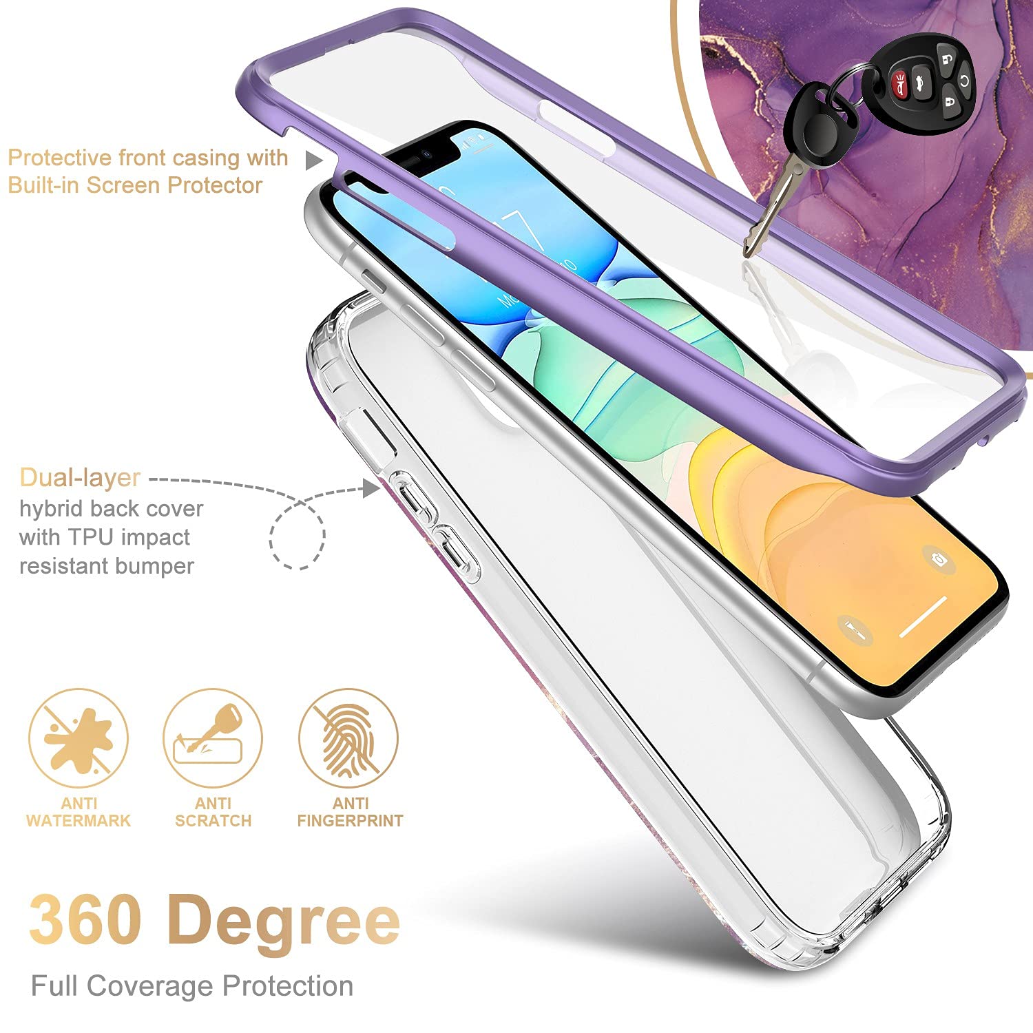 Esdot iPhone 12 Pro Max Case with Built-in Screen Protector, TPU Glitter Purple Marble 6.7 inch