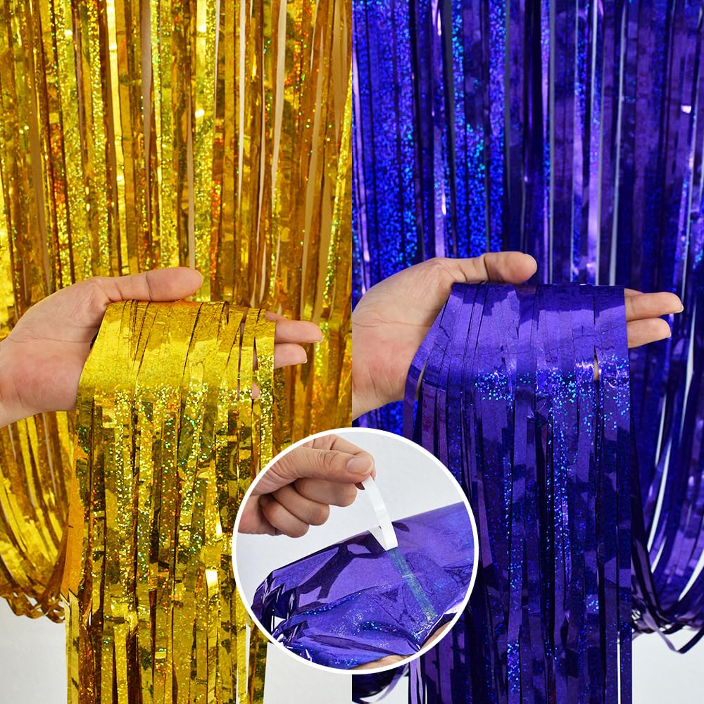 Beishida 4 Pcs Blue And Gold Party Streamers Fringe Foil Curtain Backdrop Tinsel Background Party Decoration For Door Wall Gradu