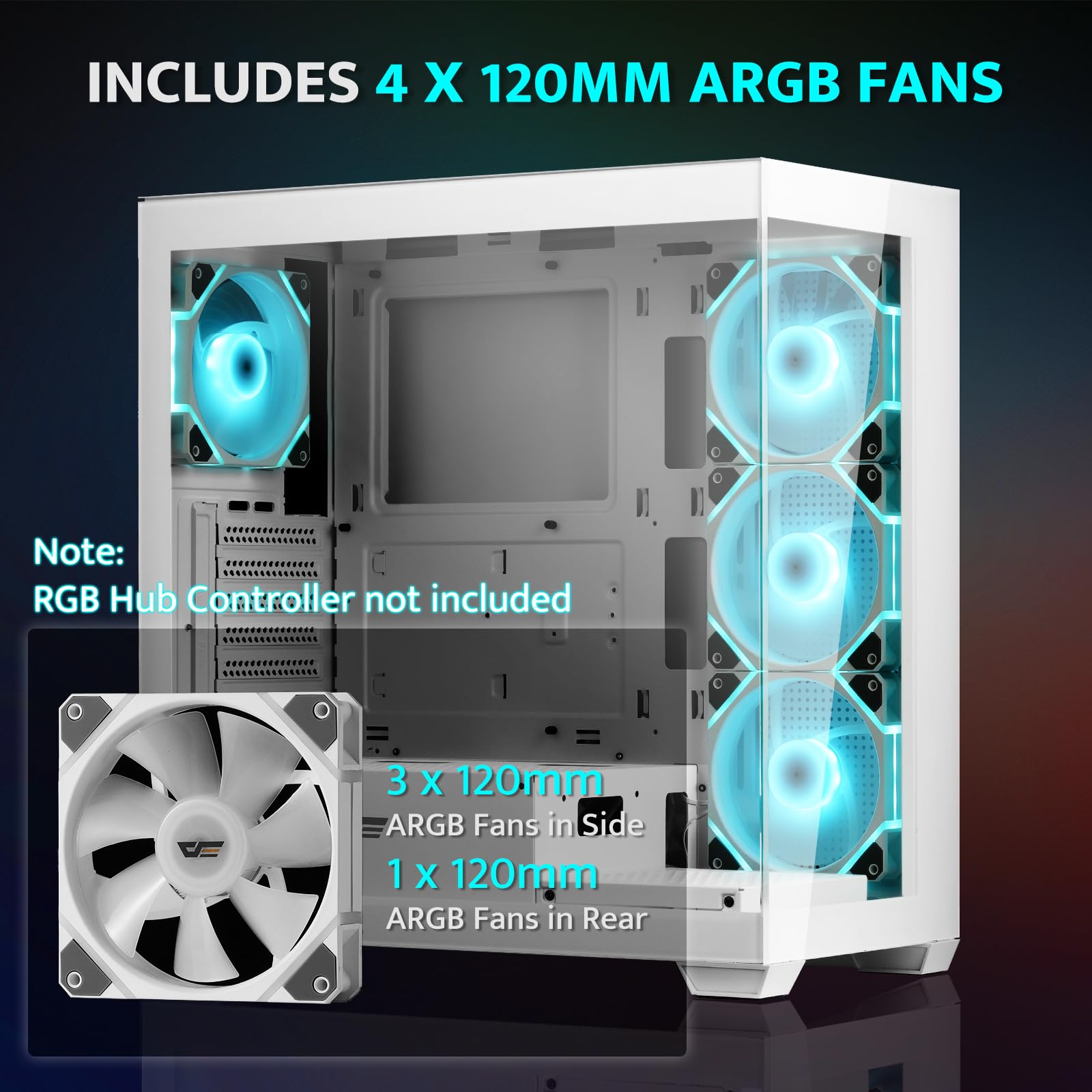 Darkflash Atx Mid Tower Pc Case, Pre Install 4 Pwm Argb Fans Computer Case, Full View Dual Tempered Glass Gaming Pc Case, Type C