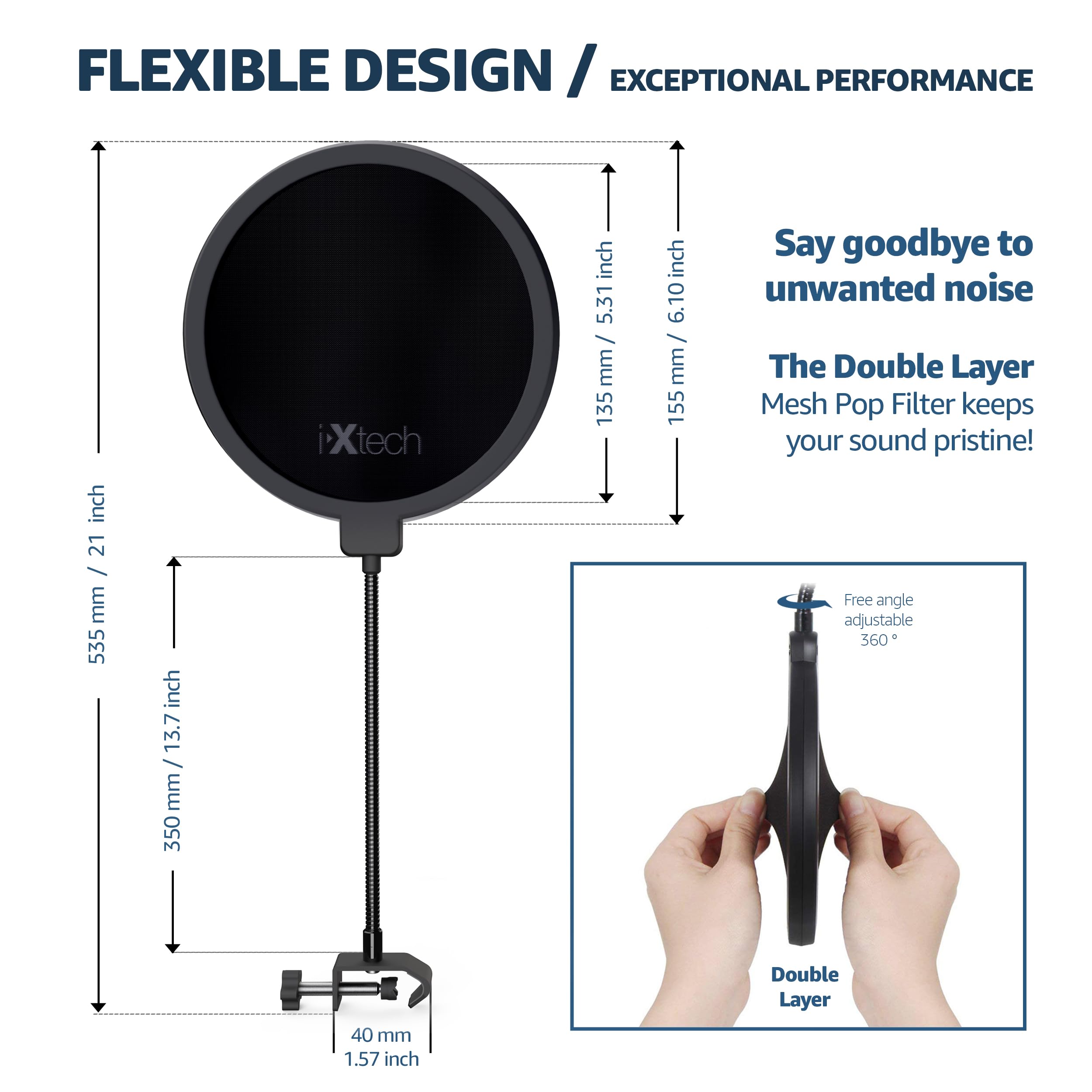 Ixtech Pop Filter For Mic Microphone, Blue Yeti Mic Pop Filter Dual Layered Wind Pop Screen With A Flexible 360 Degree Gooseneck