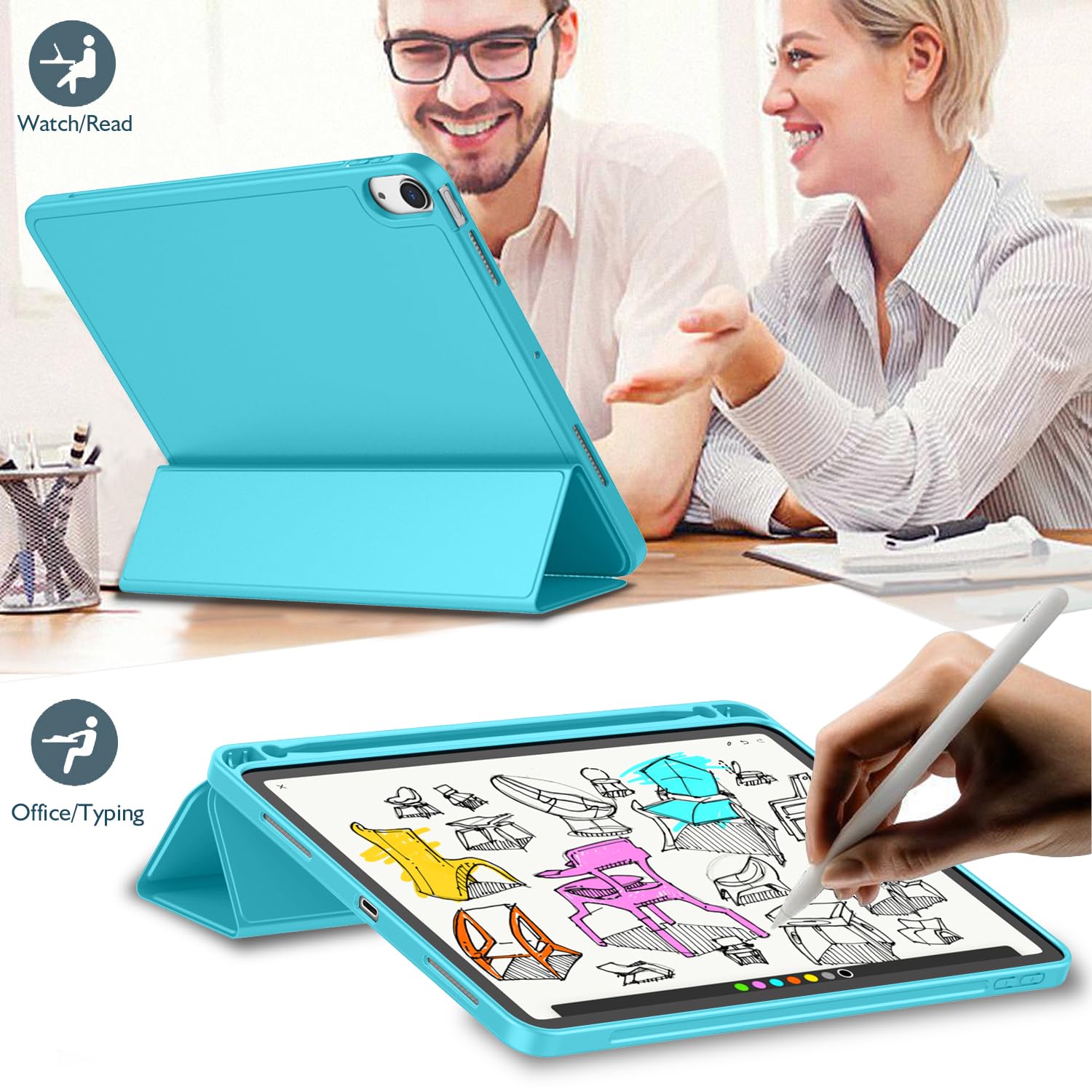 Imieet Ipad Air 11 Inch Case 2024 (6Th Generation), Ipad Air 5Th Generation Case 2022/4Th Generation Case 2020 10.9 Inch With Pencil Holder, Trifold Stand Smart Case(New Cyan)