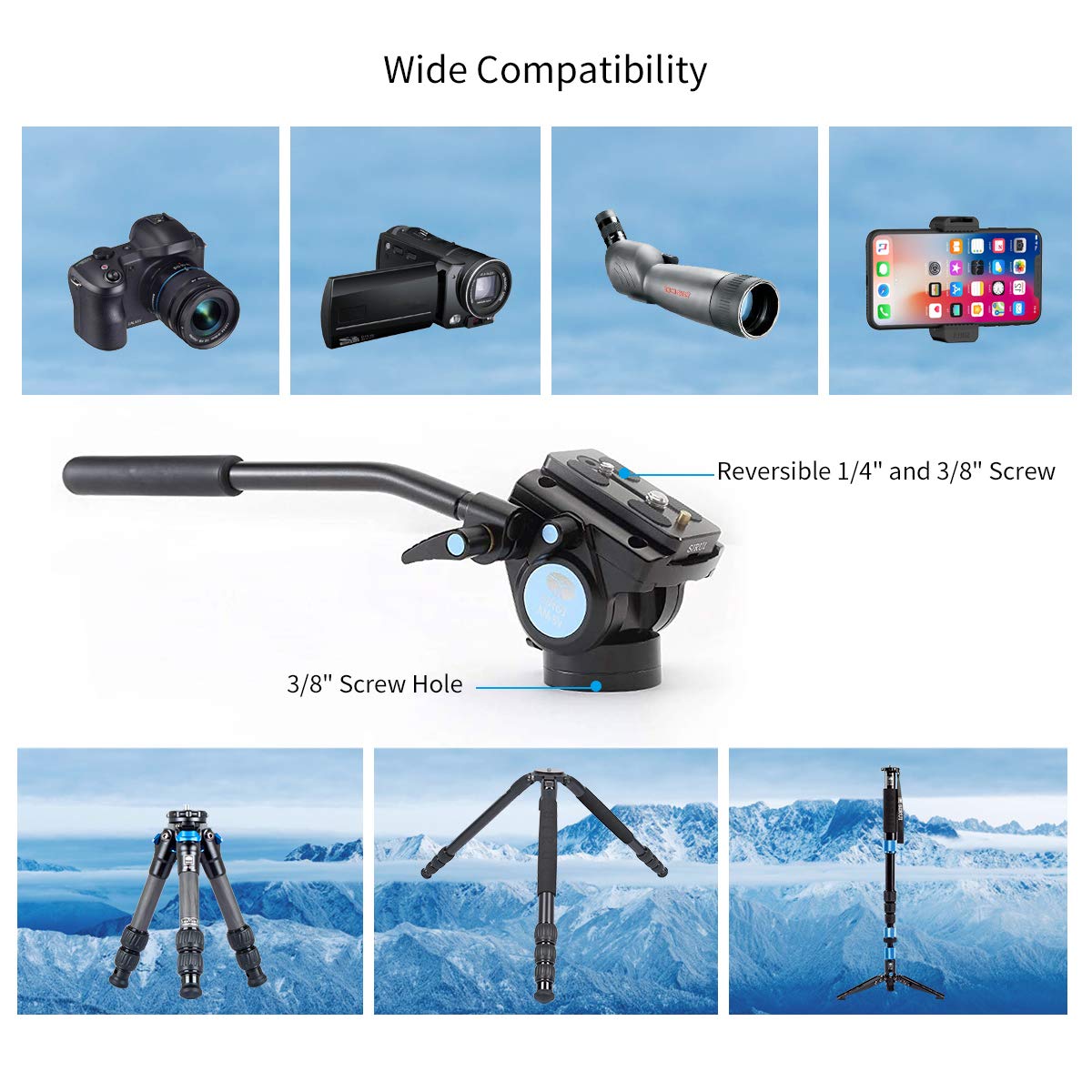 Sirui Fluid Video Head Am 5V, Lightweight Tripod Head With Quick Release Plate For Video Camera