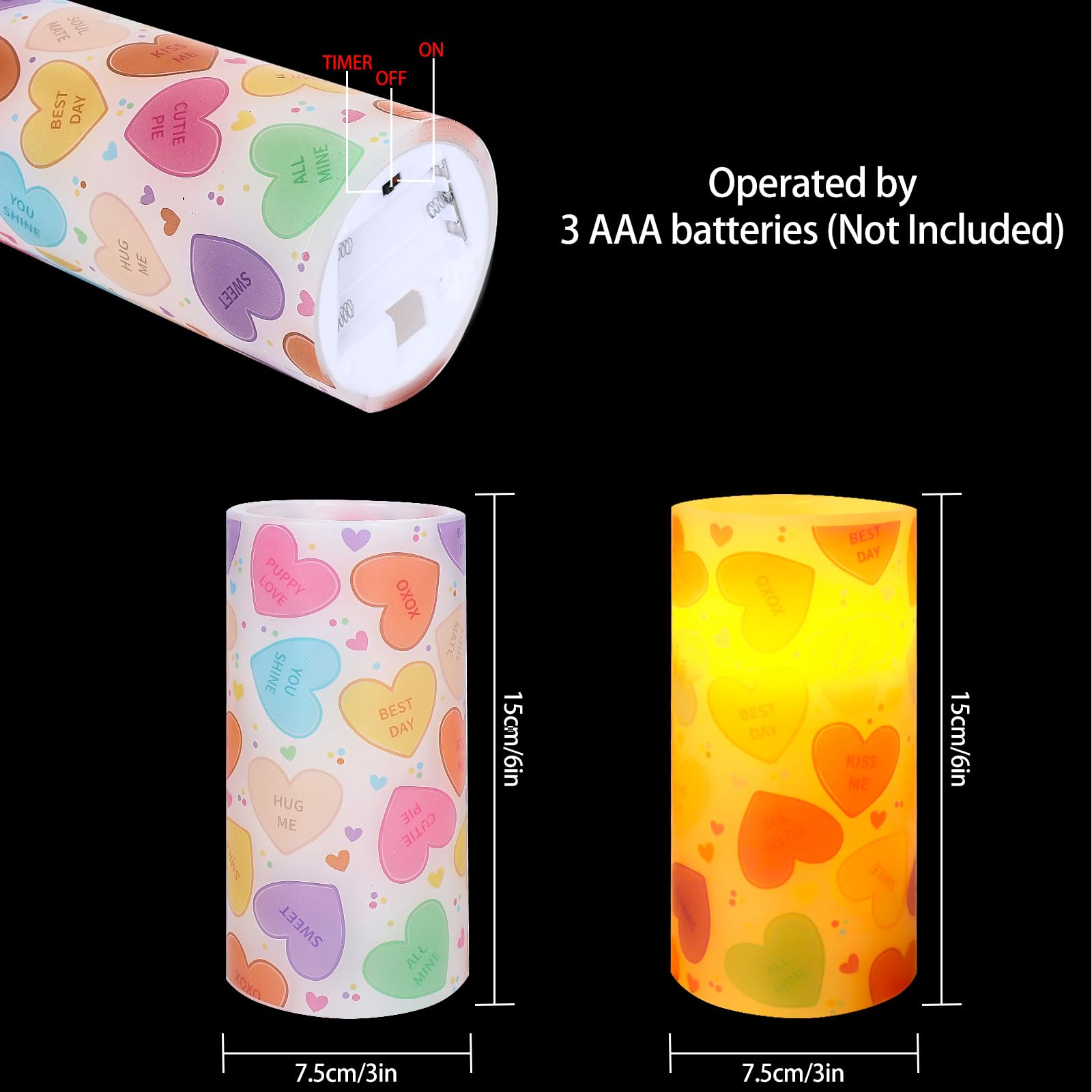 Whaline Valentine'S Day Led Flameless Candles Conversation Heart Warm Light Battery Operated Pillar Candles Colorful Candy Heart