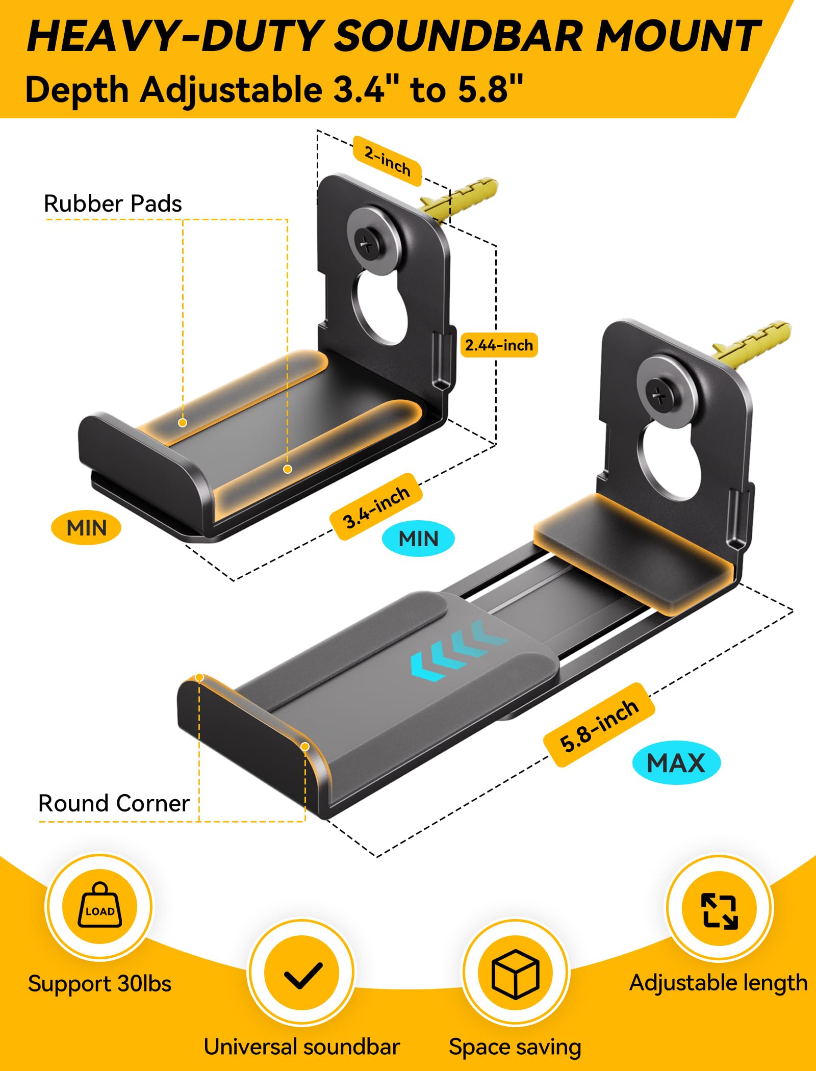 Muakioy Soundbar Mount, (2 Sets) Speaker Wall Mount Brackets Under Tv, Heavy Duty Sound Bar Shelf Mounting Adjust 3.4'' - 5.8''