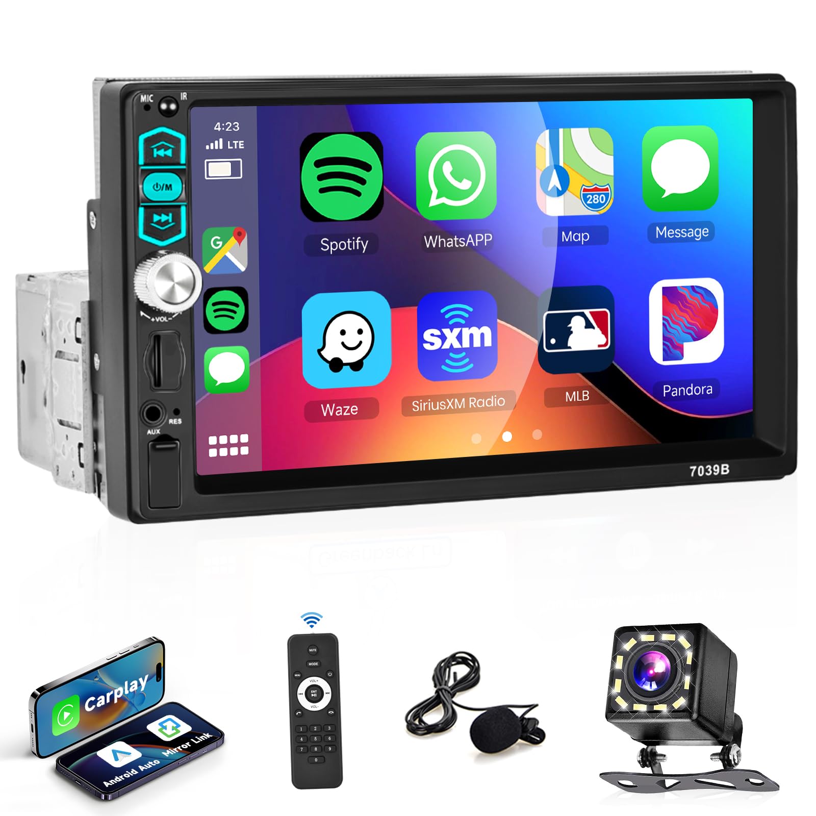 Single Din Car Stereo Radio With Apple Carplay Android Auto Bluetooth 5.1, Podofo 7 Inch Hd Ips Touchscreen Car Radio Audio Support Fm Radio Mirror Link Swc Usb/Tf/Aux In Ports+Backup Camera