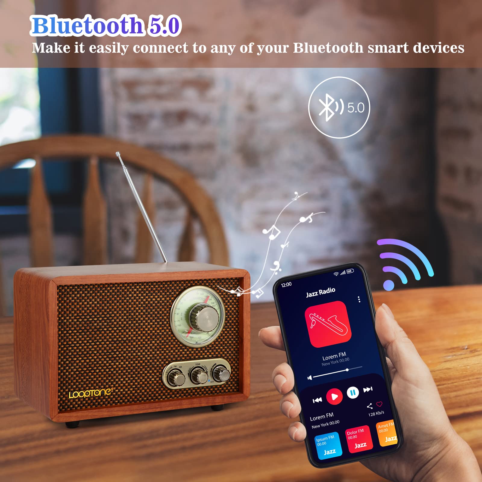 Looptone Usb Sd Multifunction Am Fm Vintage Radio With Bluetooth Speaker,Retro Wood Table Radio For Kitchen Living Room With Rot