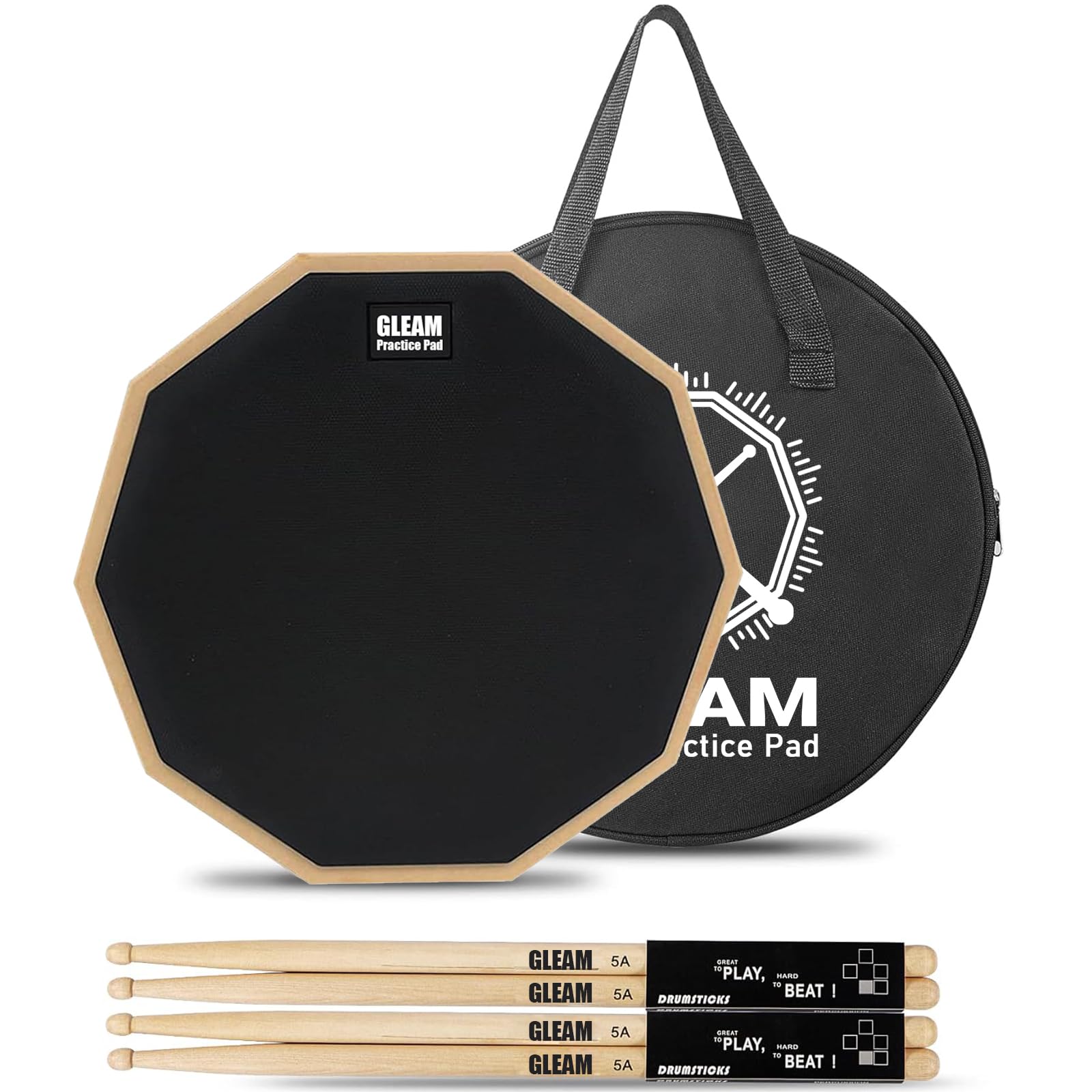 GLEAM 12 inch Drum Practice Pad with Carrying Bag and 2 Pairs Drum Sticks - Rubber Surface High Density Compressed Wood Foam Bac