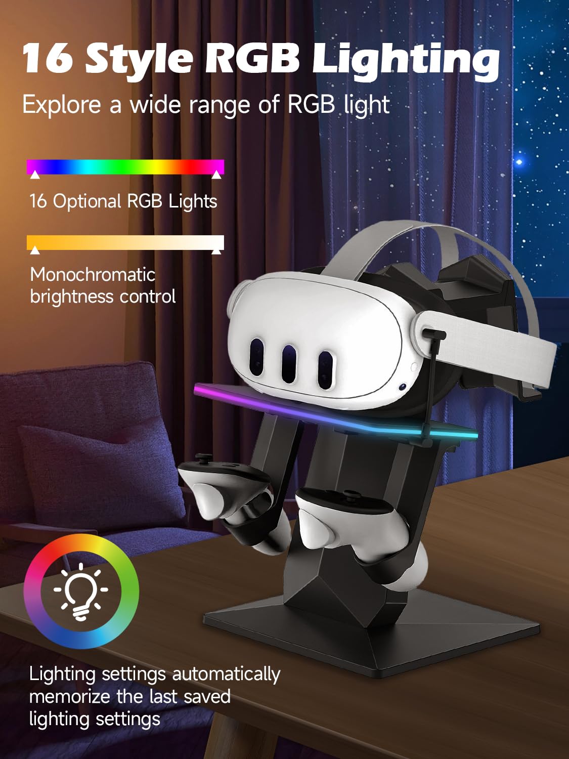Charging Dock For Meta Quest 3S/3/2 Or Pro: Rgb Vertical Charging Station For Oculus Quest 3S/3, Charging Stand With 14-Color Rg