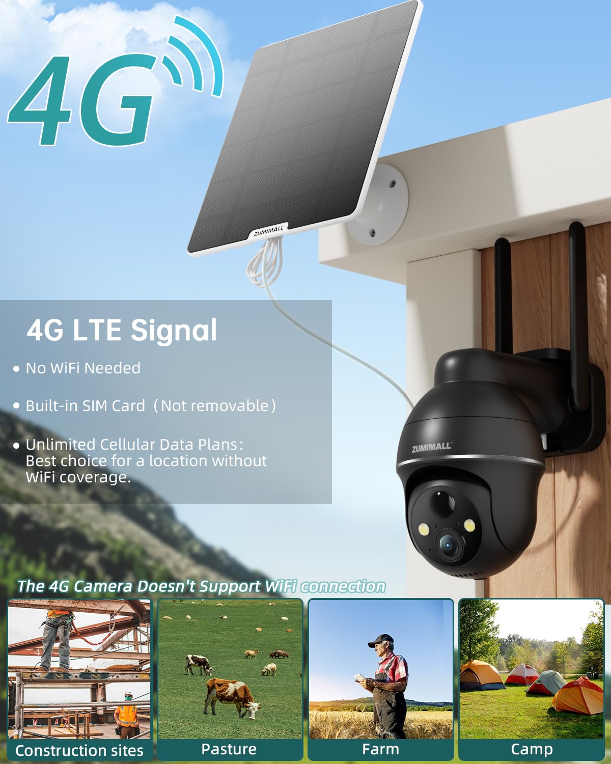 Zumimall 4G Lte Cellular Solar Security Camera Outdoor, 2K No Wifi Security Camera Solar Powered With Color Night Vision, 2 Way Talk, Motion Alert, Cloud, Sim Included(Us Version)