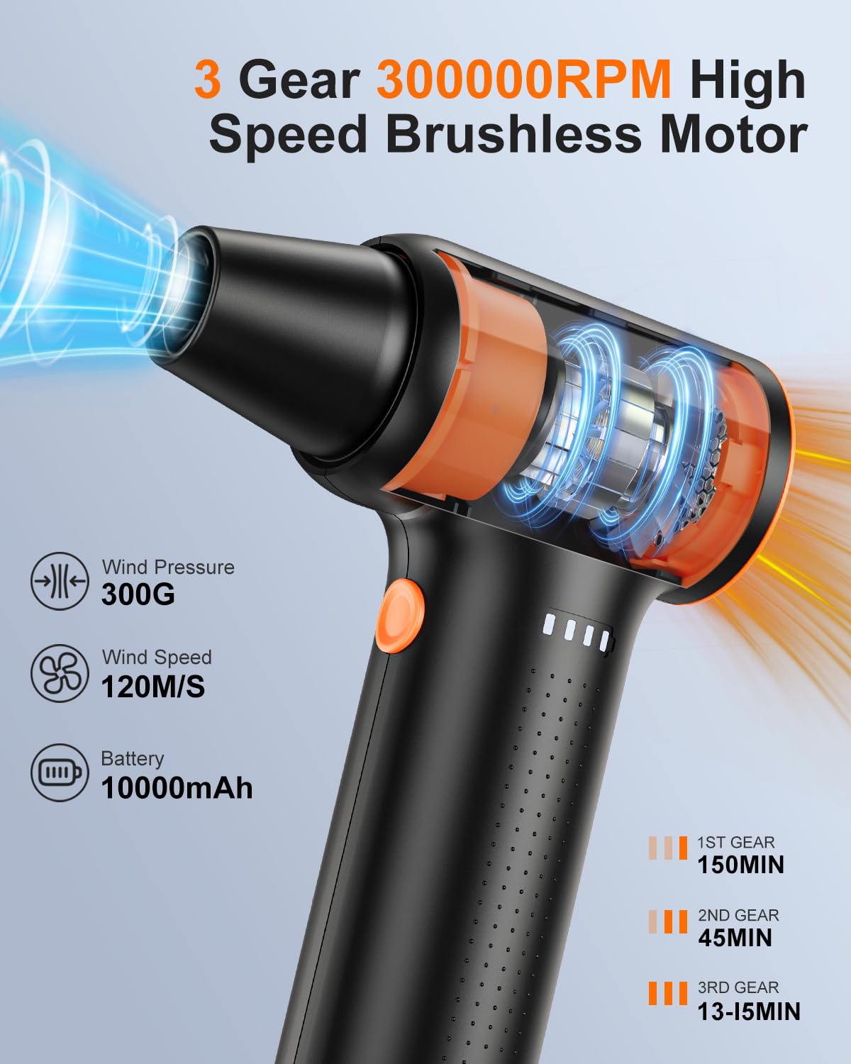 Yeahco Compressed Air Duster - High Speed 300000Rpm Electric Air Duster,120M/S 3 Gear 10000Mah Rechargeable Cordless Air Blower