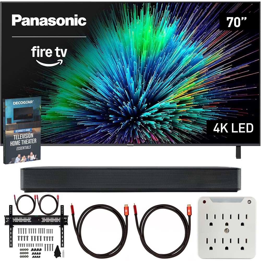 Panasonic TV-70W70BP W70 Series 70 inch LED 4K Ultra HD Smart Fire TV Bundle with Bluetooth Soundbar, TV Wall Mount, 6-Outlet Su