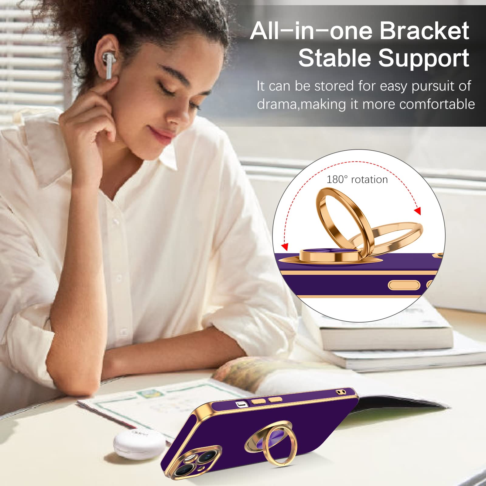 Veningo Compatible With Apple 14 Case,Phone Case For 14,Slim Fit Soft 360 Ring Holder Kickstand Magnetic Car Mount Supported Eas