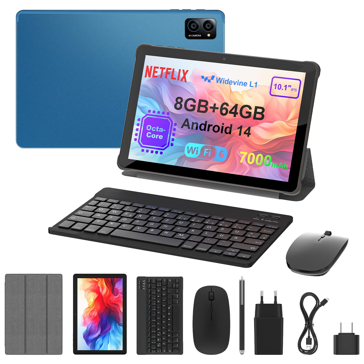 10 Inch Android 14 Tablet: Octa-Core, 8Gb Ram 64Gb, 7000Mah, With Stand Case, Ips Hd Display, Wi-Fi 6, Otg, Metal Body - Fast & 