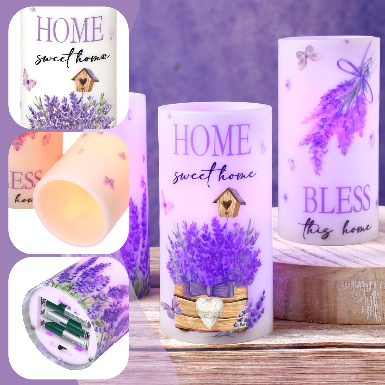 Threlaco 3 Pcs Purple Lavender Flameless Candles With Remote Color Changing Battery Operated Led Pillar Bless This Home Candles