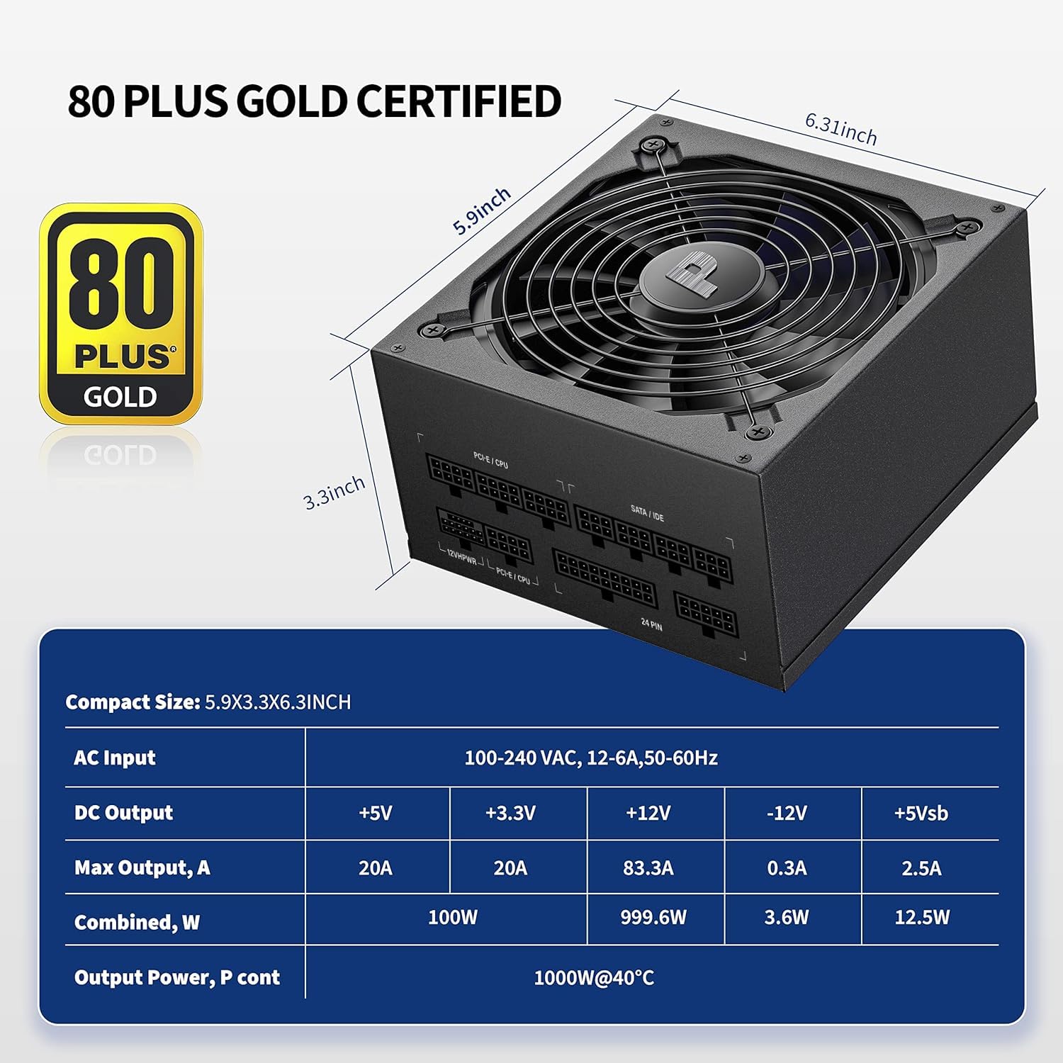 Pystar 1000W Power Supply - 80+ Gold Full Modular PSU, ATX 3.0, PCIE 5.0, Model ES1000