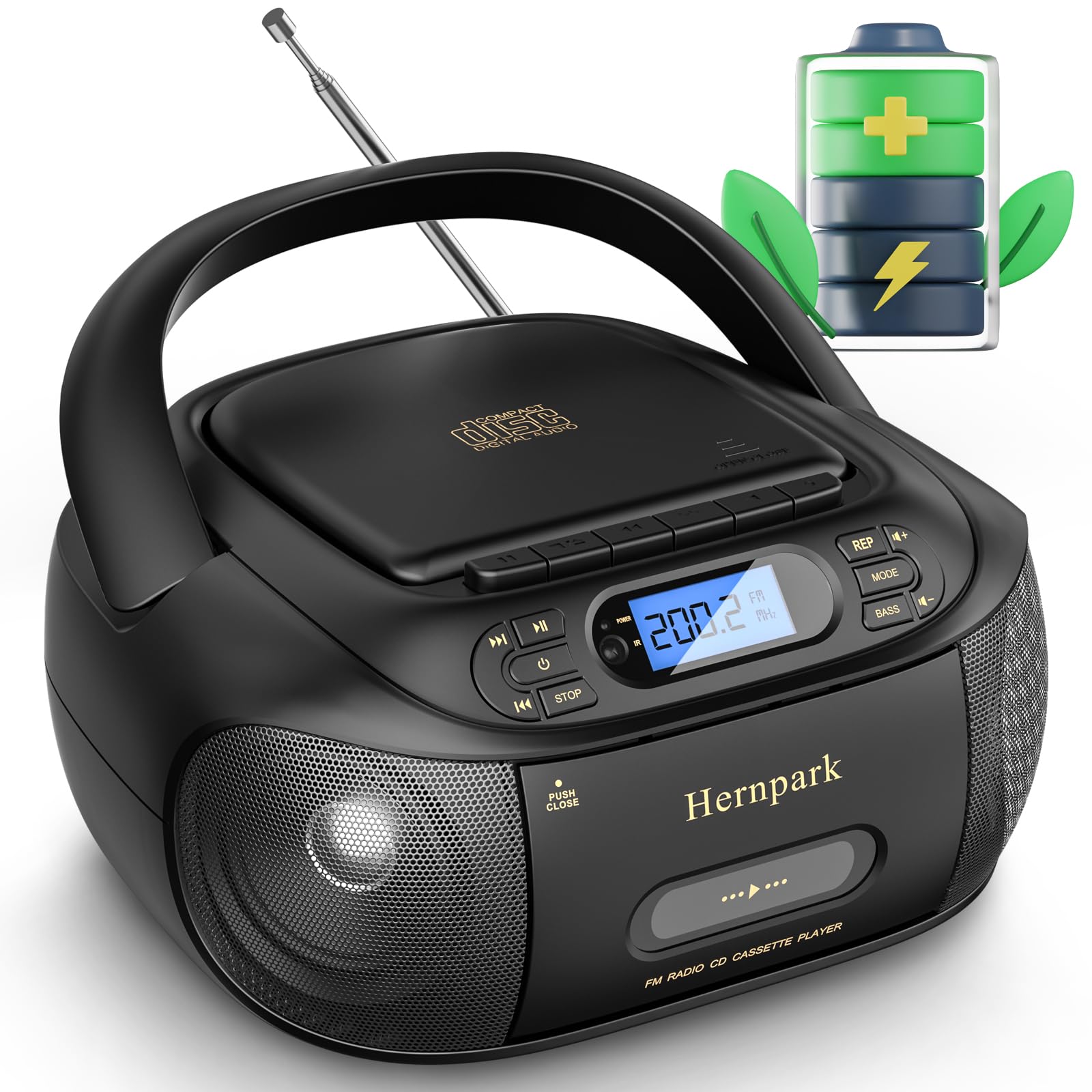 Cd Cassette Player Combo, Hernpark Rechargeable Boombox With Bluetooth 5.1, Tape Recording, Fm Radio, Super Bass, Stereo Sound,