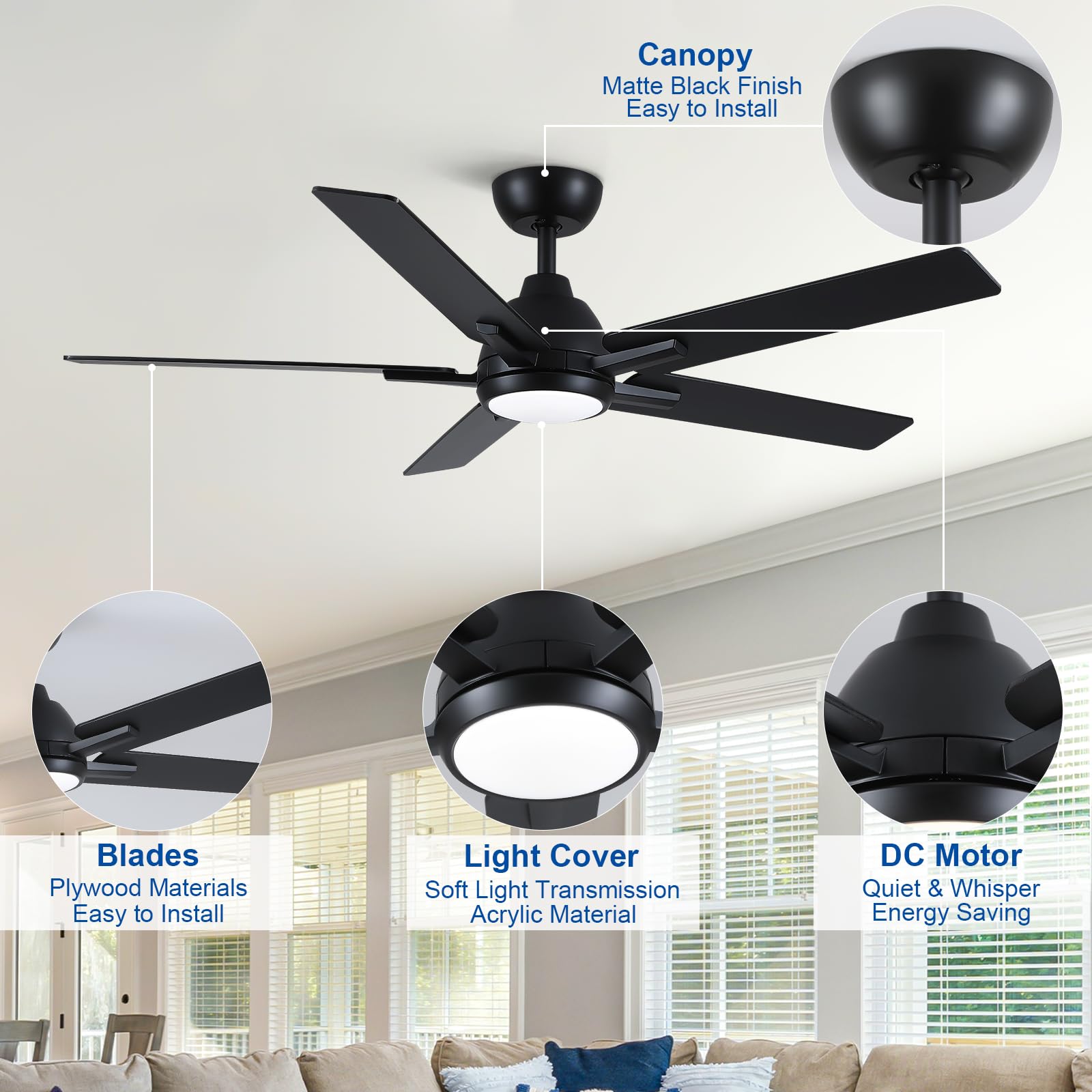 52 Inch Ceiling Fans With Lights And Remote,Black Ceiling Fan With 5 Dual Sided Blades,Downrod,Quiet 6 Speed Reversible Dc Motor