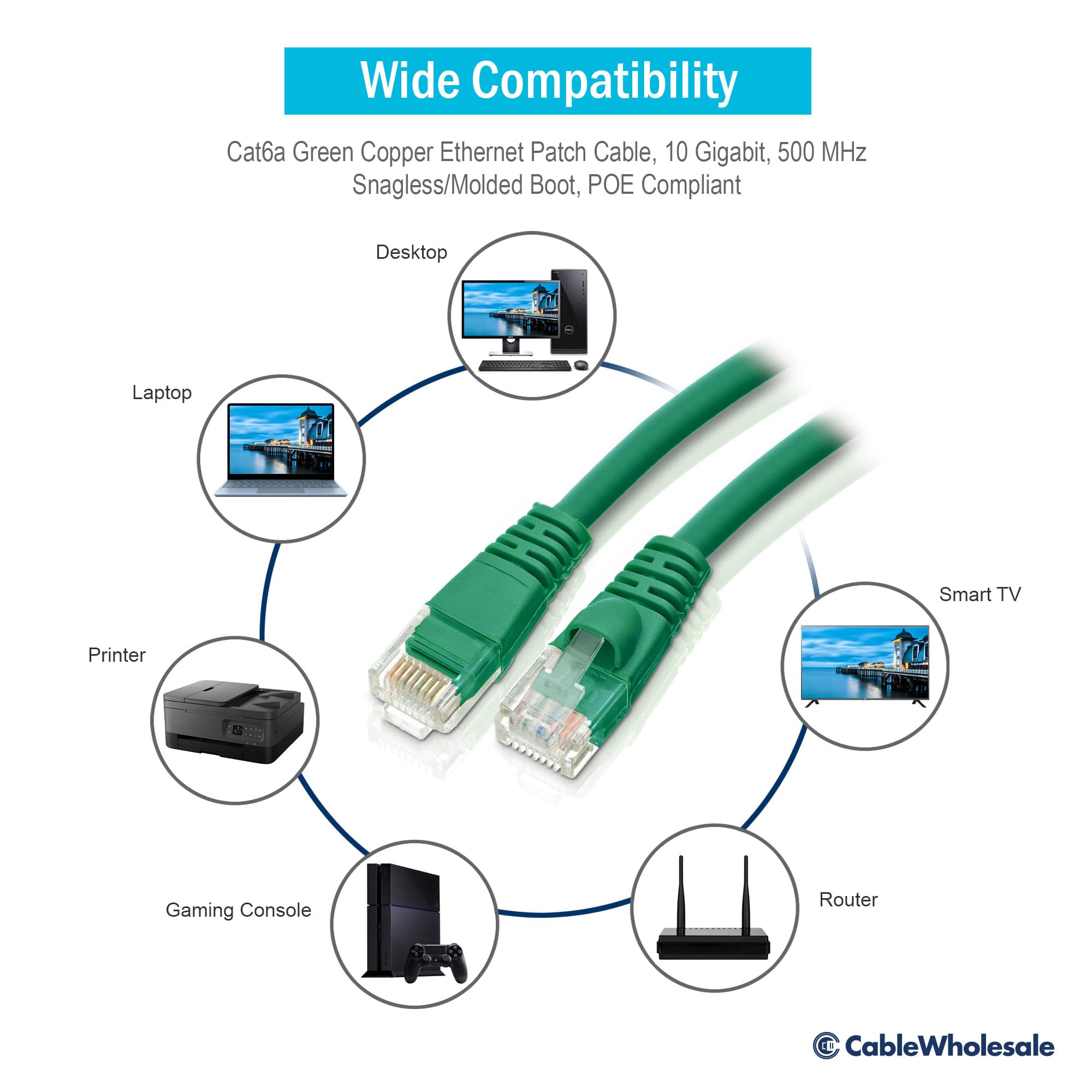 Cablewholesale 50 Foot Green Cat6A Ethernet Patch Cable, Snagless/Boot With Rj45 Connector, 500 Mhz, 24 Awg, Utp(Unshielded Twis