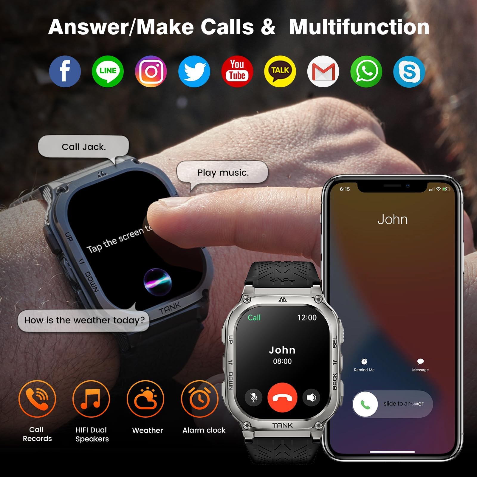 Amaztim Smart Watch, 60 Days Extra-Long Battery, 5Atm Waterproof Swimming Diving, Full Metal Military Grade, Answer/Make Call, 2